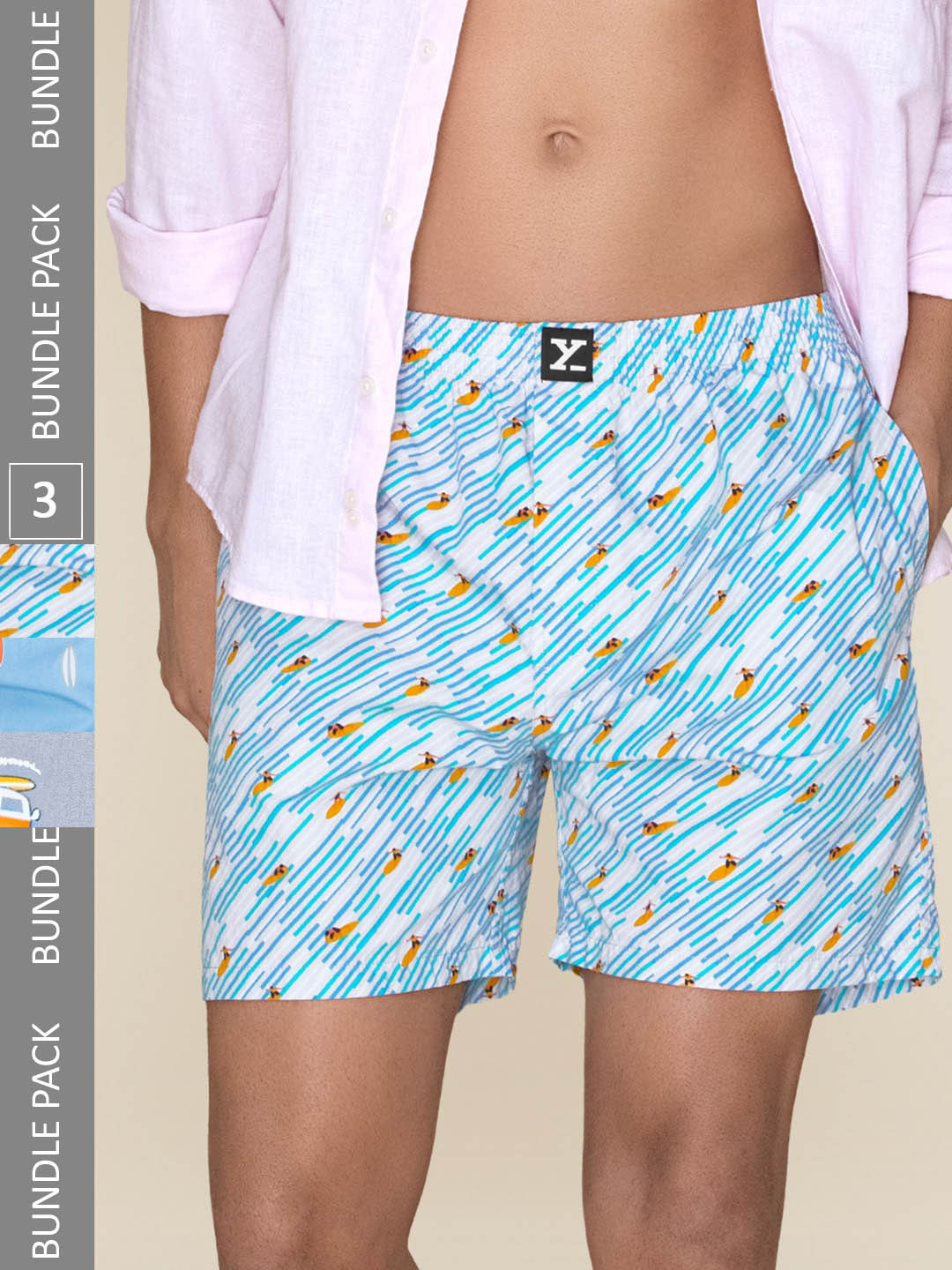 

XYXX Men Printed Pack of 3 Combed Cotton Surf Boxer, Blue
