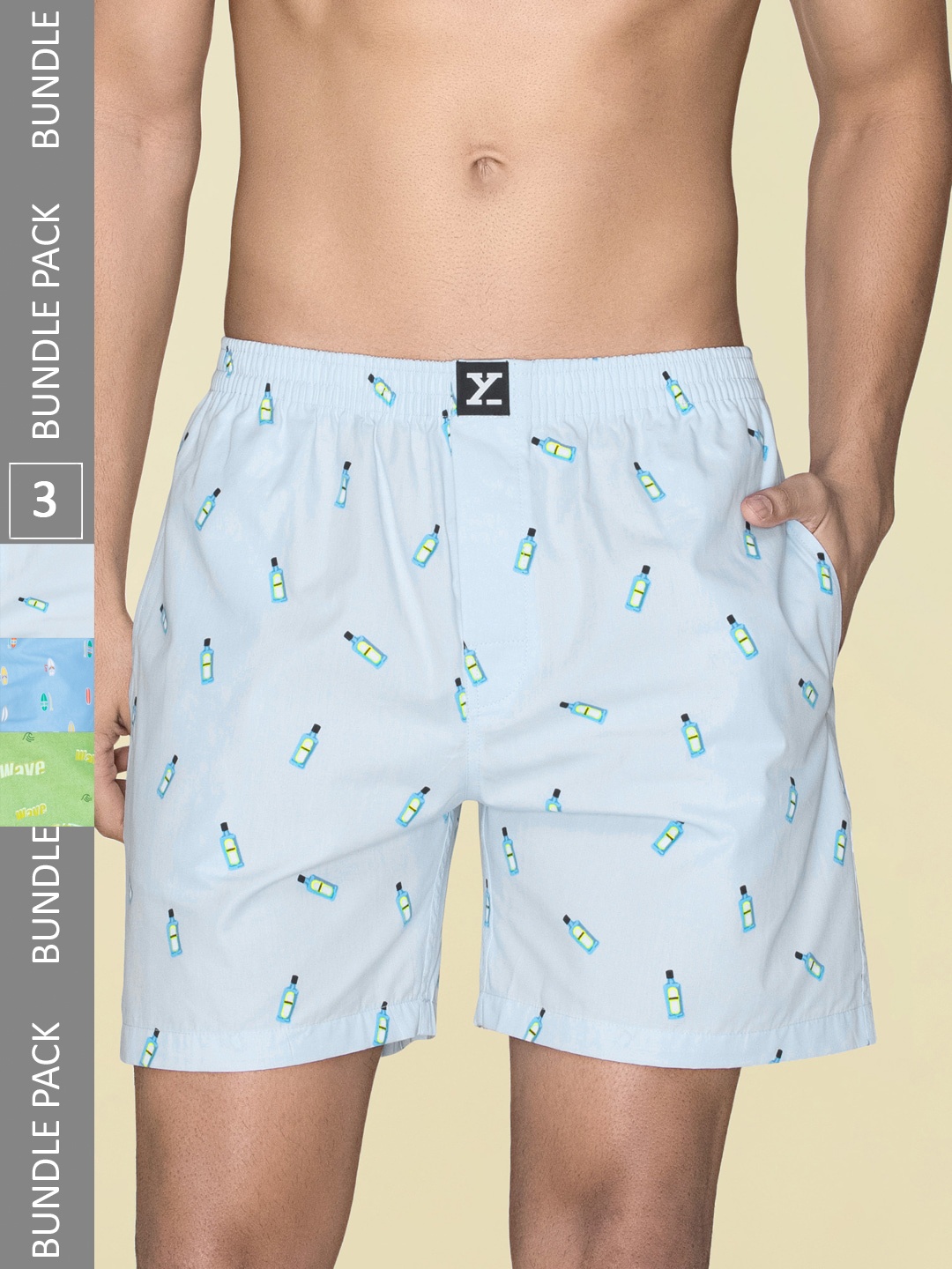 

XYXX Men Printed Pack of 3 Combed Cotton Surf Boxer, Blue