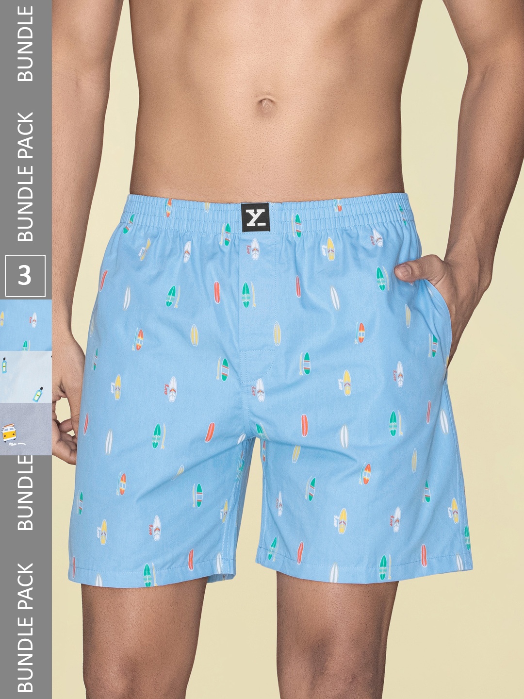 

XYXX Men Printed Pack Of 3 Combed Cotton Surf Boxer XYBOX3PCKN255, Blue
