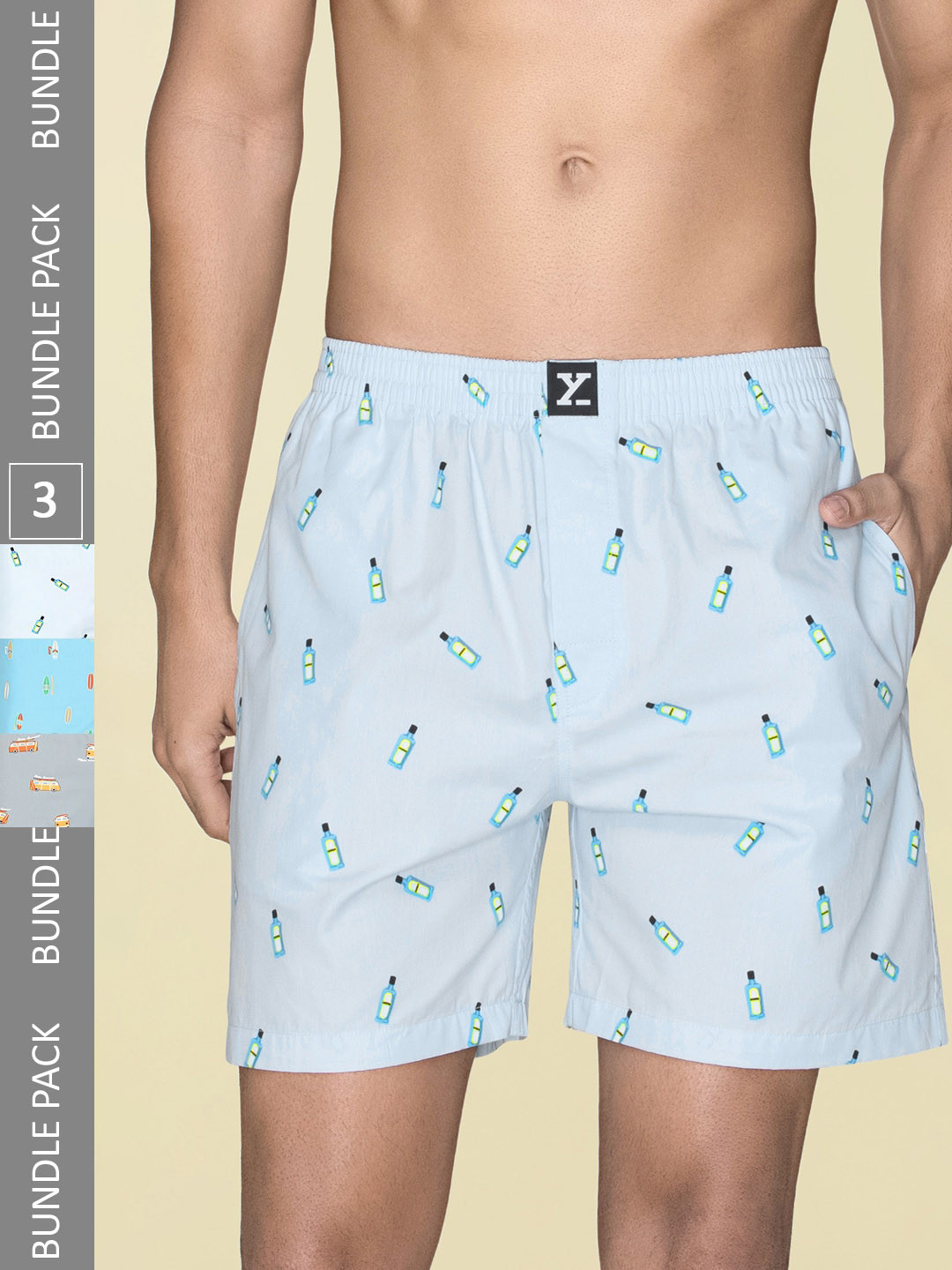 

XYXX Men Printed Pack of 3 Combed Cotton Surf Boxer, Blue