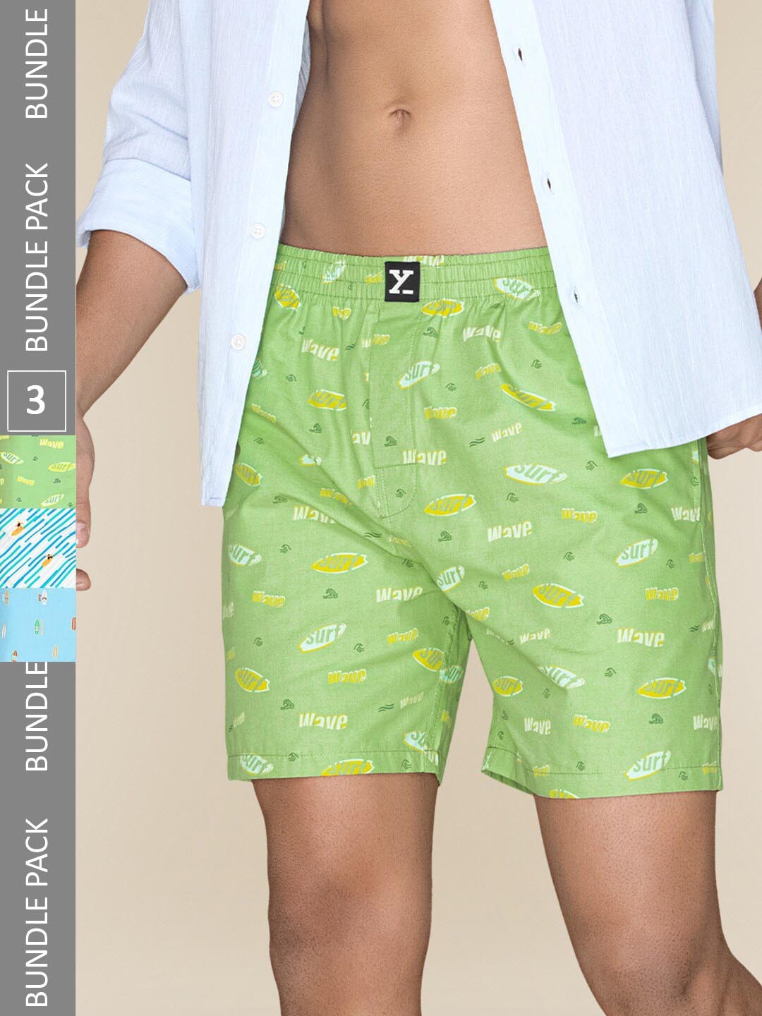 

XYXX Mens Printed Pack of 3 Combed Cotton Surf Boxer XYBOX3PCKN246, Green