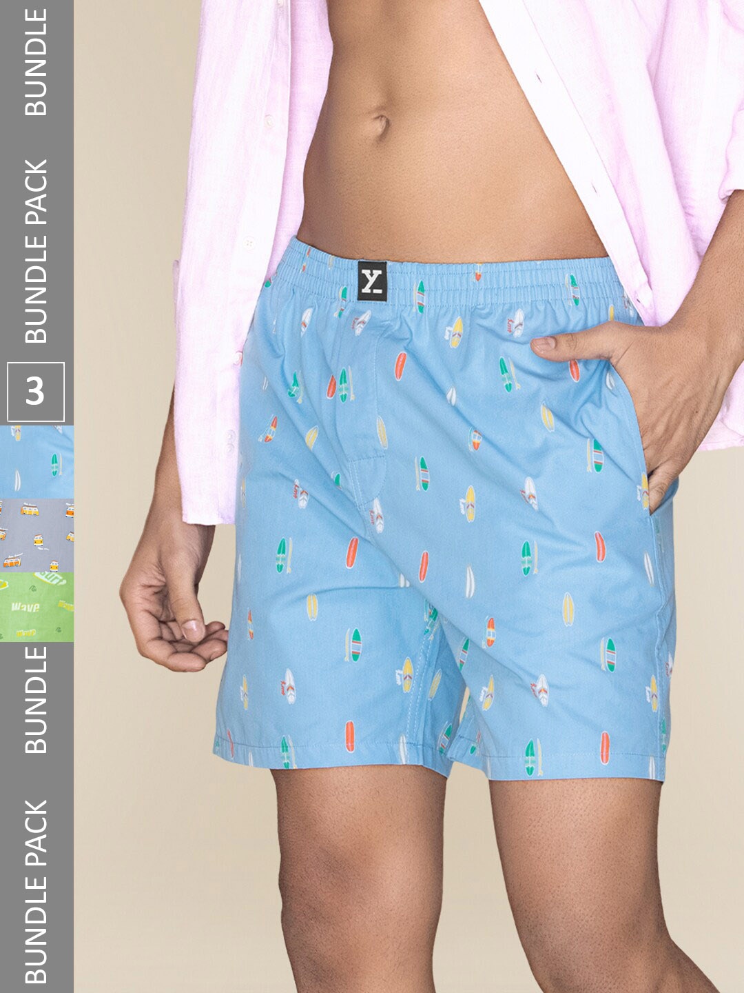 

XYXX Men Printed Pack Of 3 Combed Cotton Surf Boxer XYBOX3PCKN249, Blue