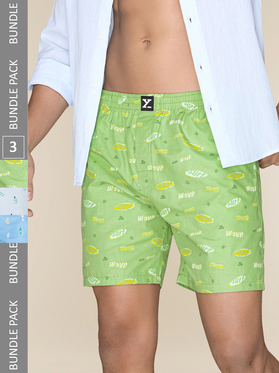 

XYXX Men Printed Pack of 3 Combed Cotton Surf Boxers-XYBOX3PCKN250, Green