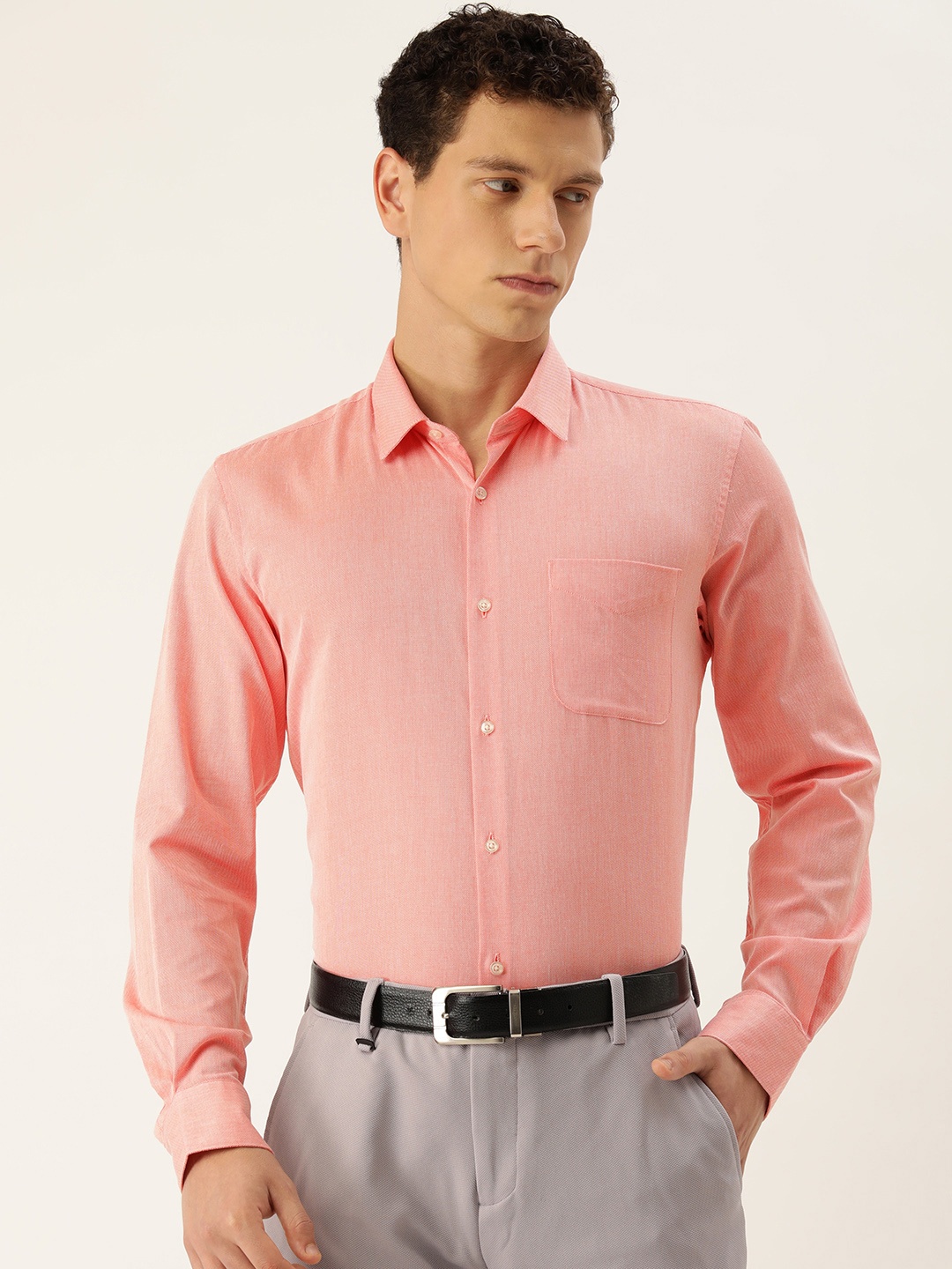 

Peter England Band Collar Textured Slim Fit Formal Shirt, Peach