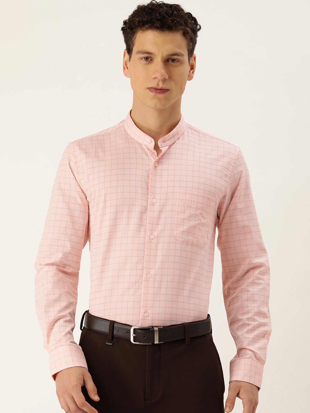 

Peter England Slim Fit Grid Tattersall Checked Formal Shirt, Peach