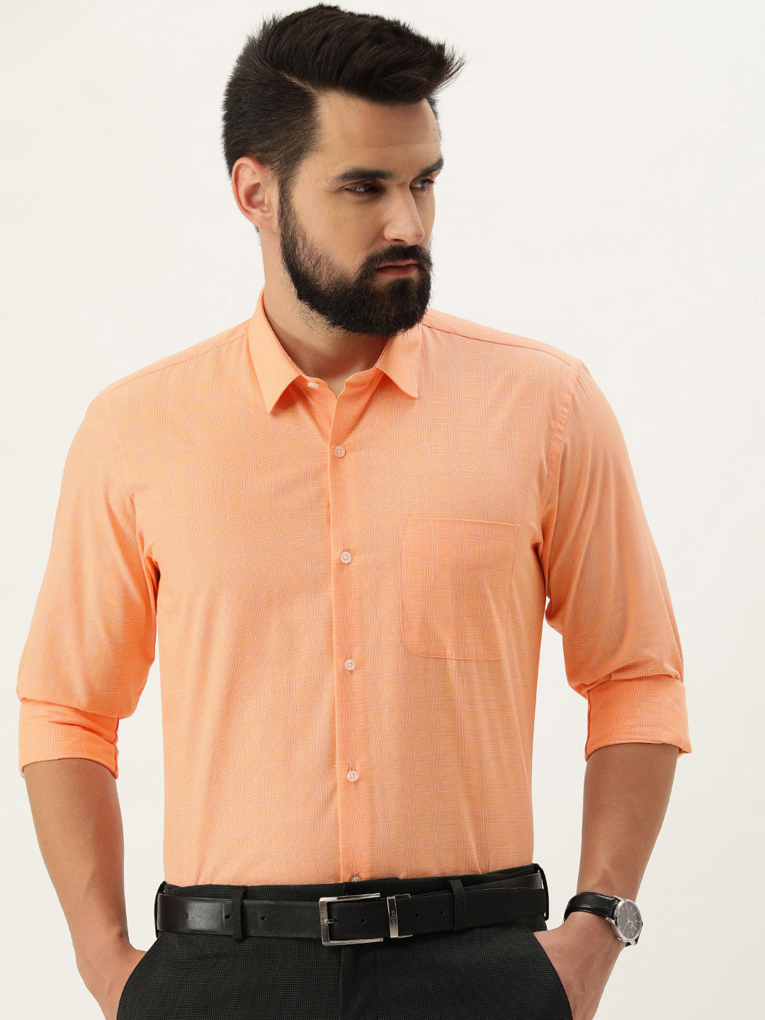 

Peter England Self Design Checked Formal Shirt, Peach