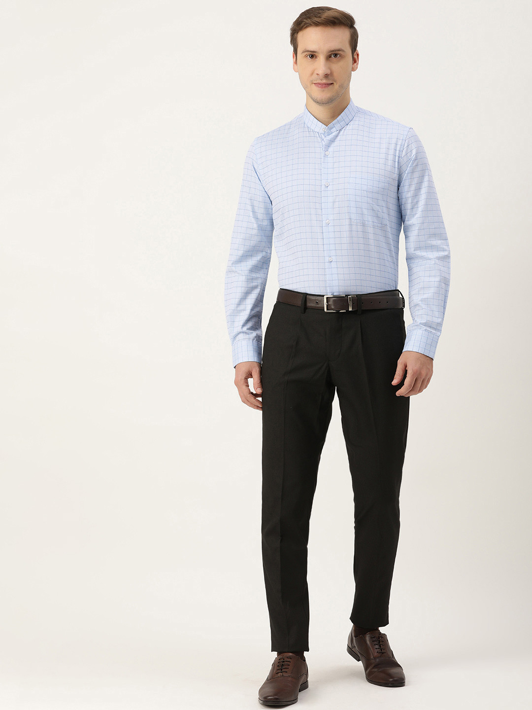 

Peter England Slim Fit Self Design Checked Formal Shirt, Blue