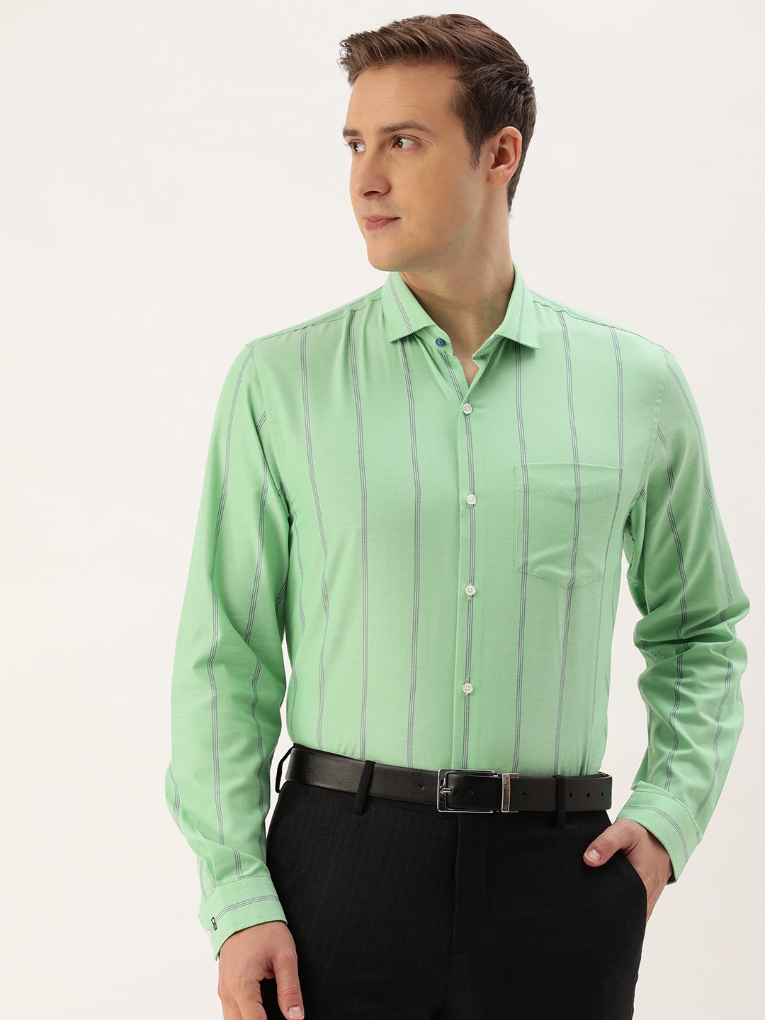 

Peter England Slim Fit Striped Formal Shirt, Green