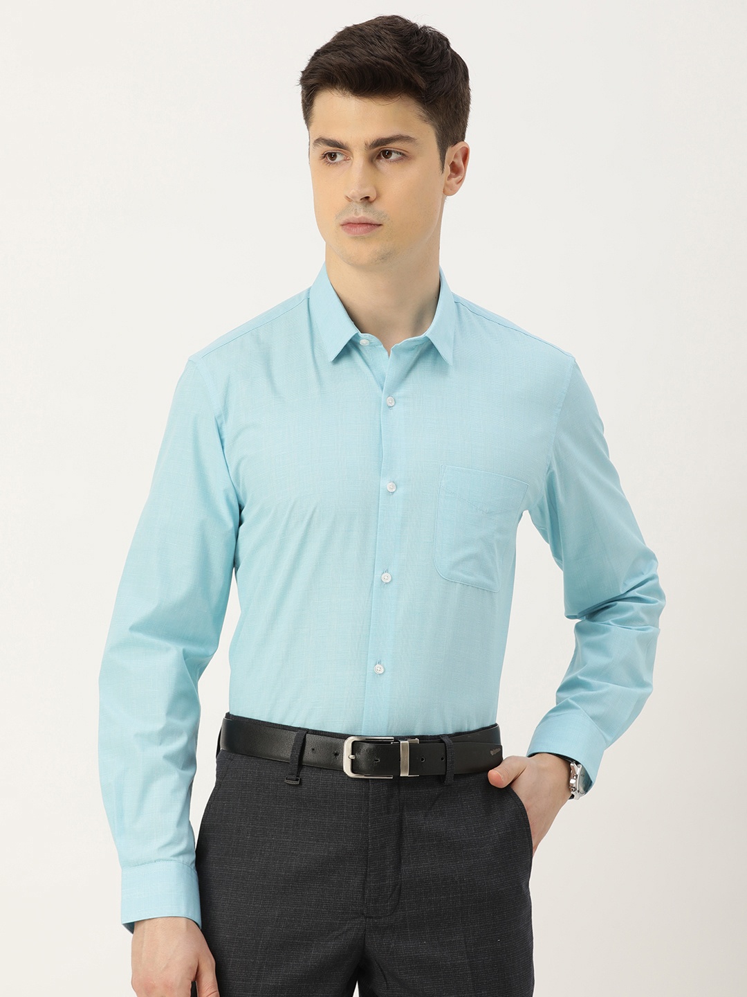 

Peter England Slim Fit Self Design Checked Formal Shirt, Turquoise blue