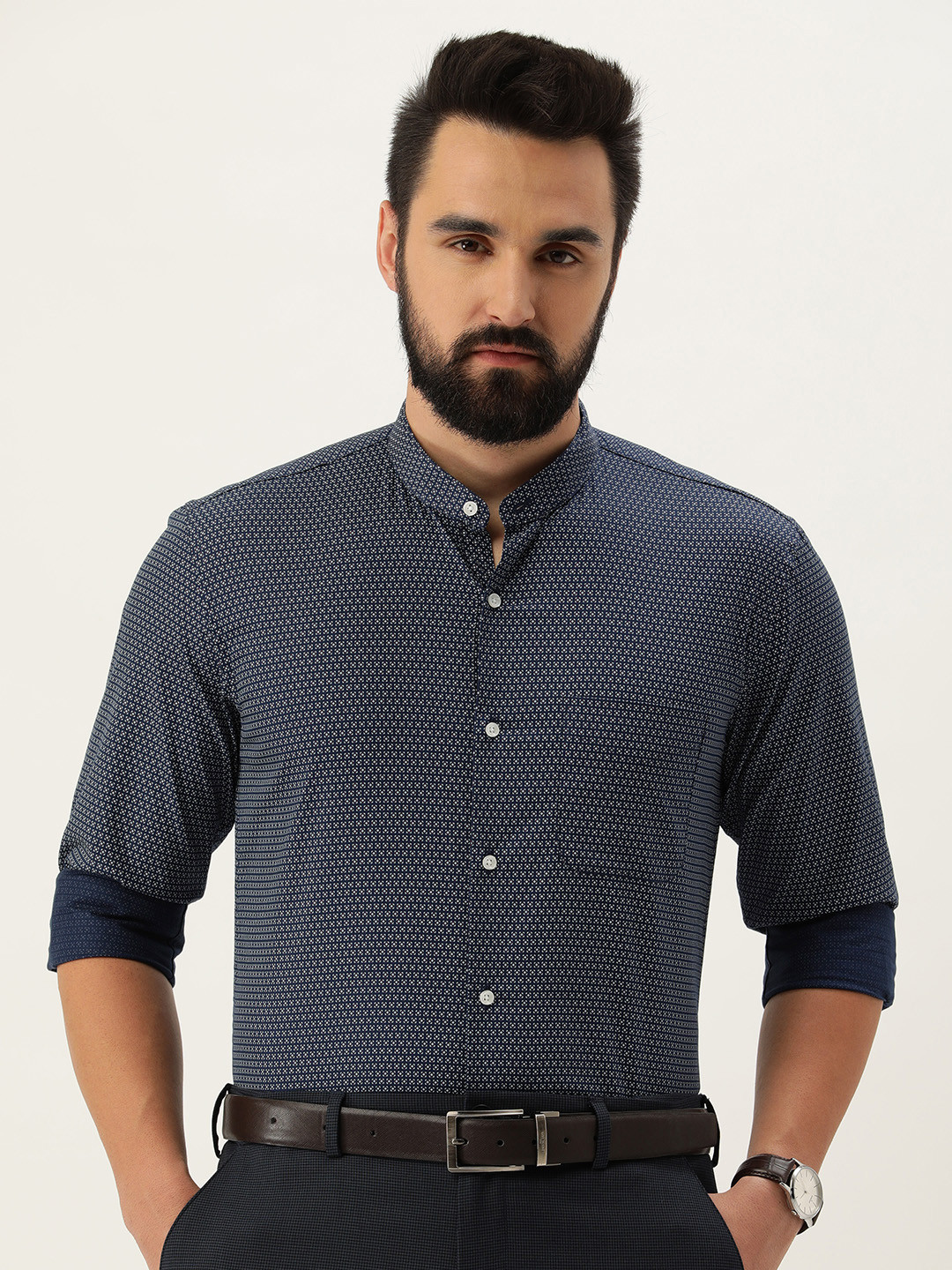 

Peter England Geometric Printed Slim Fit Pure Cotton Formal Shirt, Navy blue