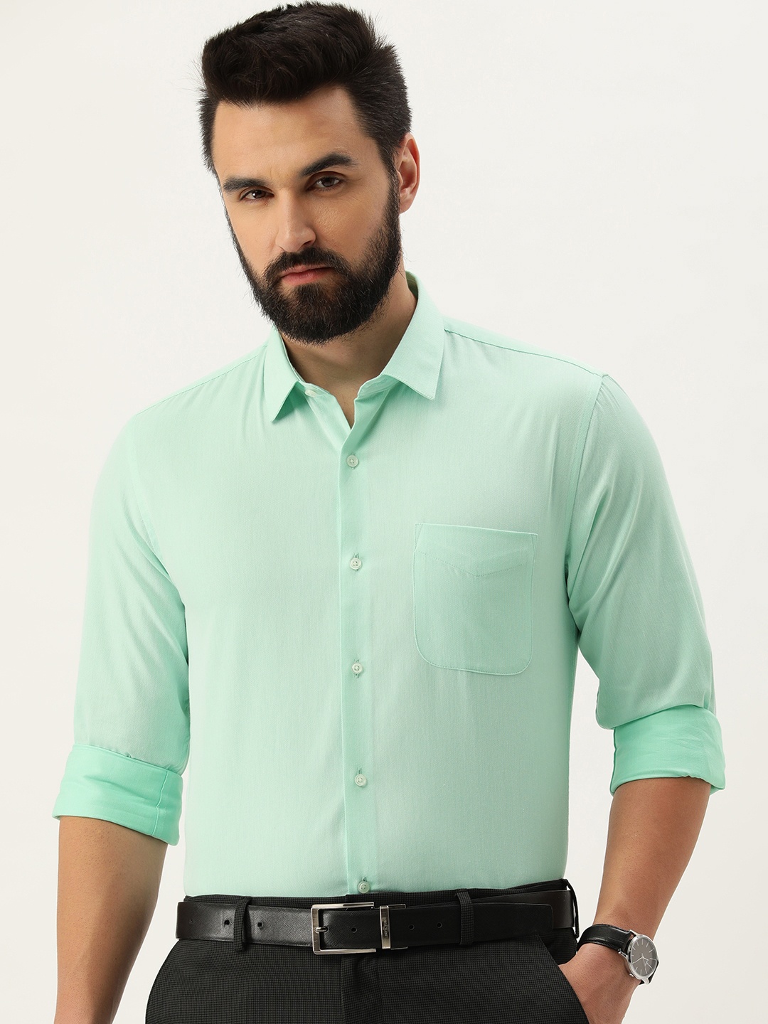 

Peter England Self Design Slim Fit Formal Shirt, Green