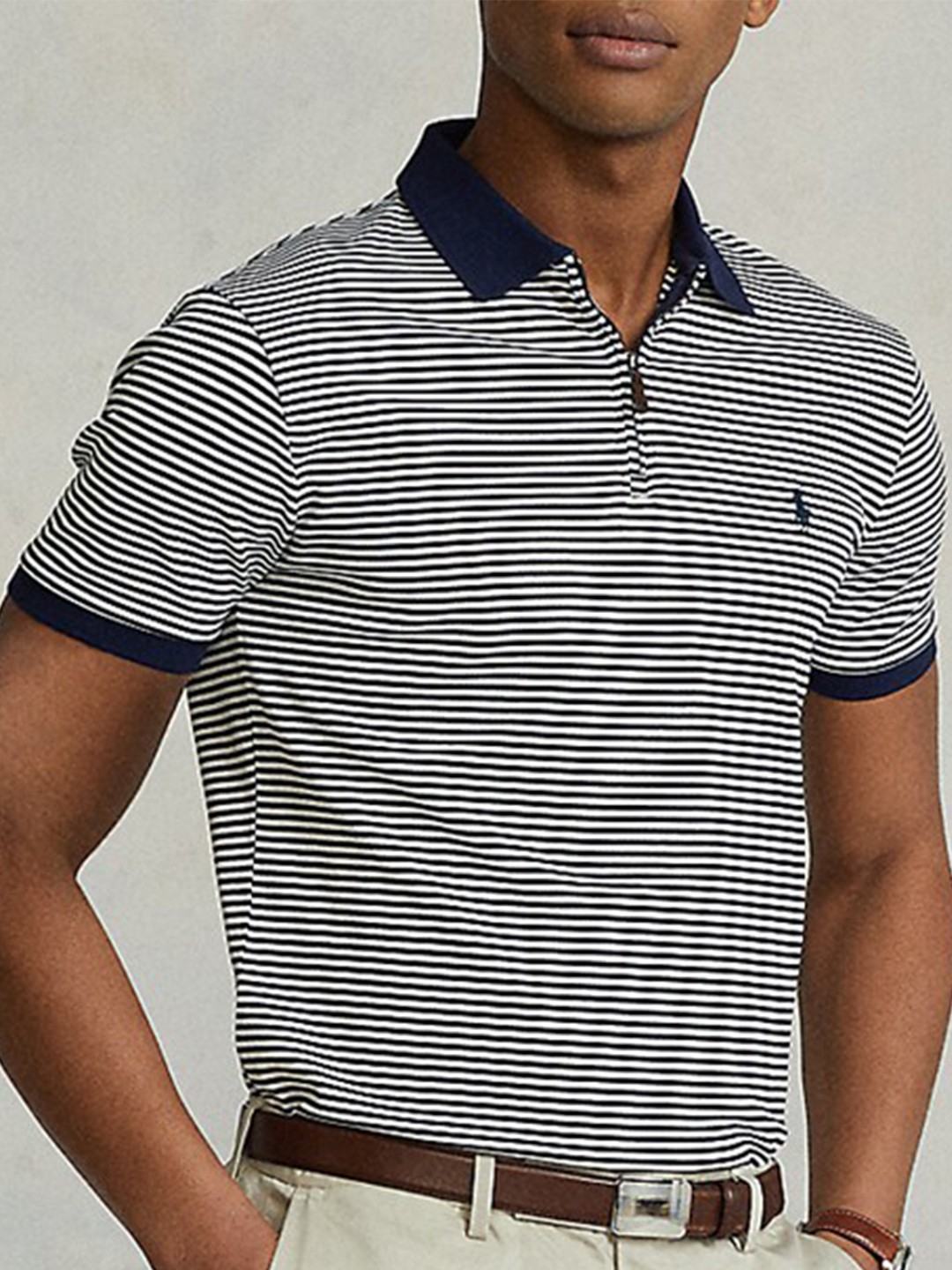 

Polo Ralph Lauren Striped Polo Collar Slim-Fit Cotton T-Shirt, Navy blue