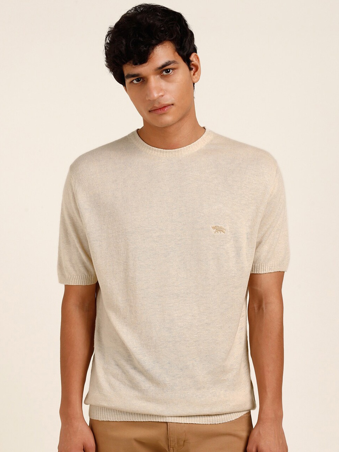 

Andamen Self Design Round Neck Cotton T-shirt, Beige