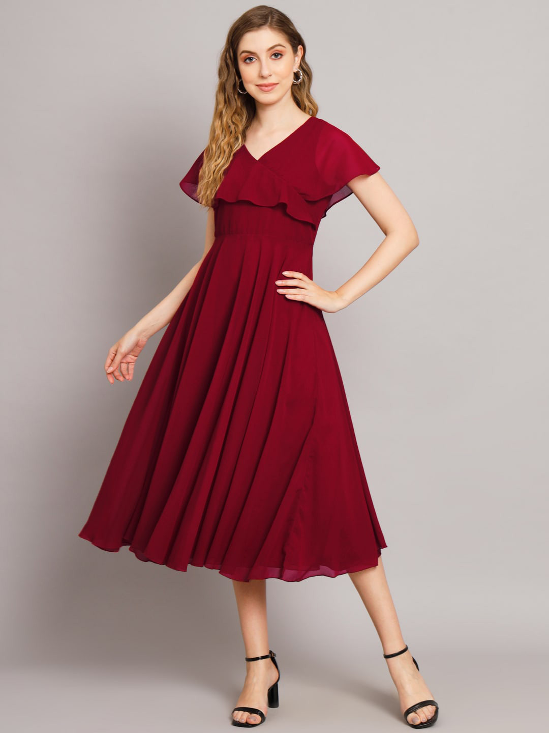 

Poshak Hub V-Neck Georgette Fit & Flare Dress, Maroon