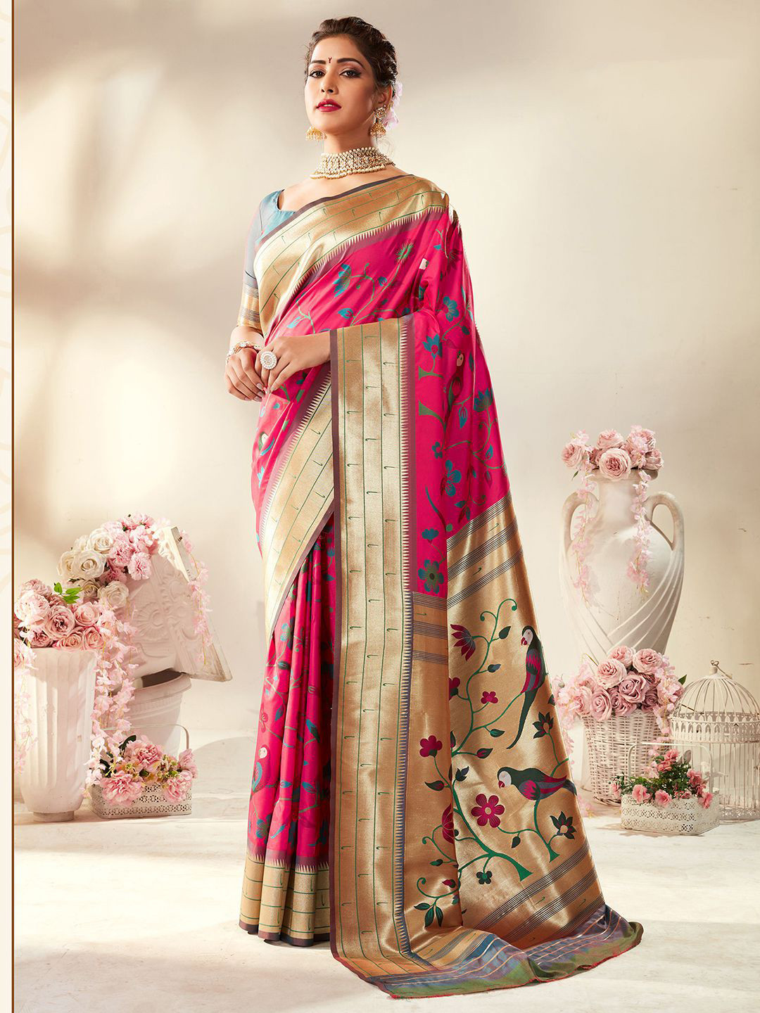 

Mitera Pink & Green Floral Printed Zari Paithani Saree