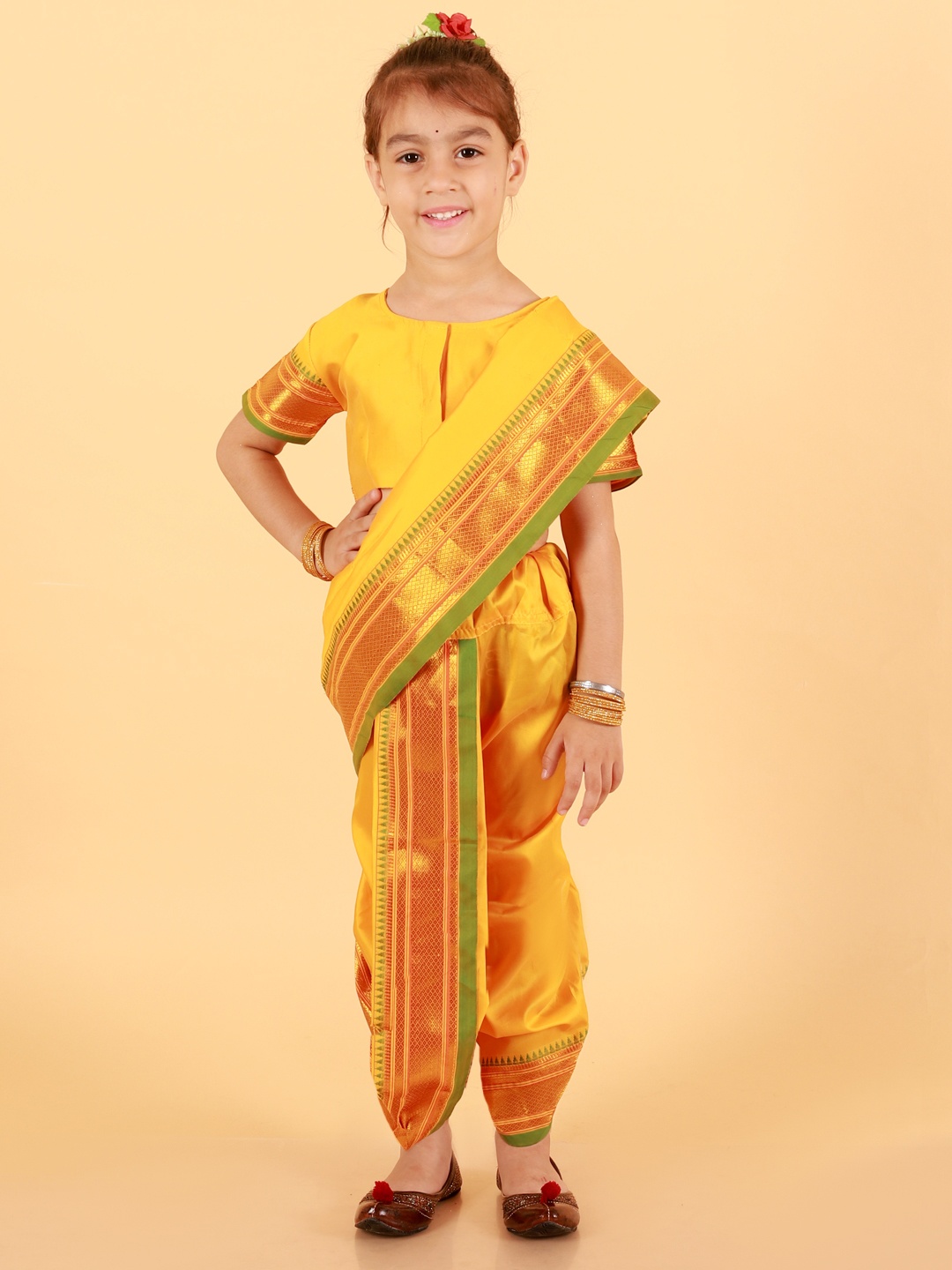 

BAESD Girls Zari Silk Cotton Ready to Wear Kanjeevaram Saree, Yellow