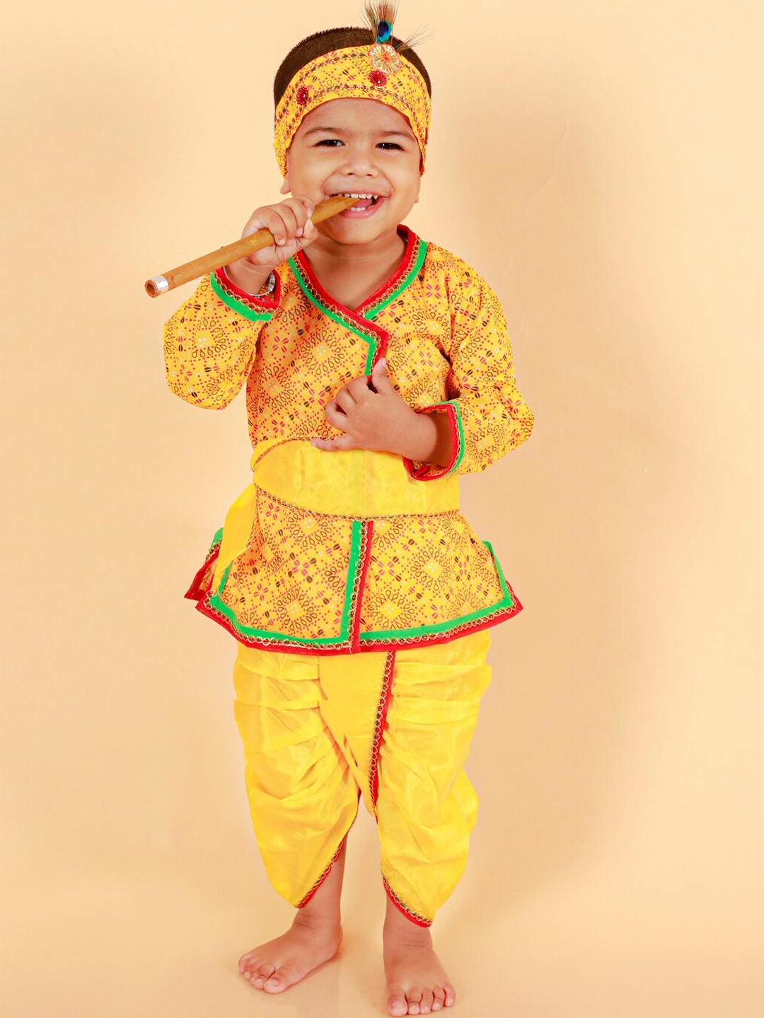 

BAESD Boys Ethnic Motifs Printed Angrakha Pure Cotton Kurta With Dhoti Pants, Yellow