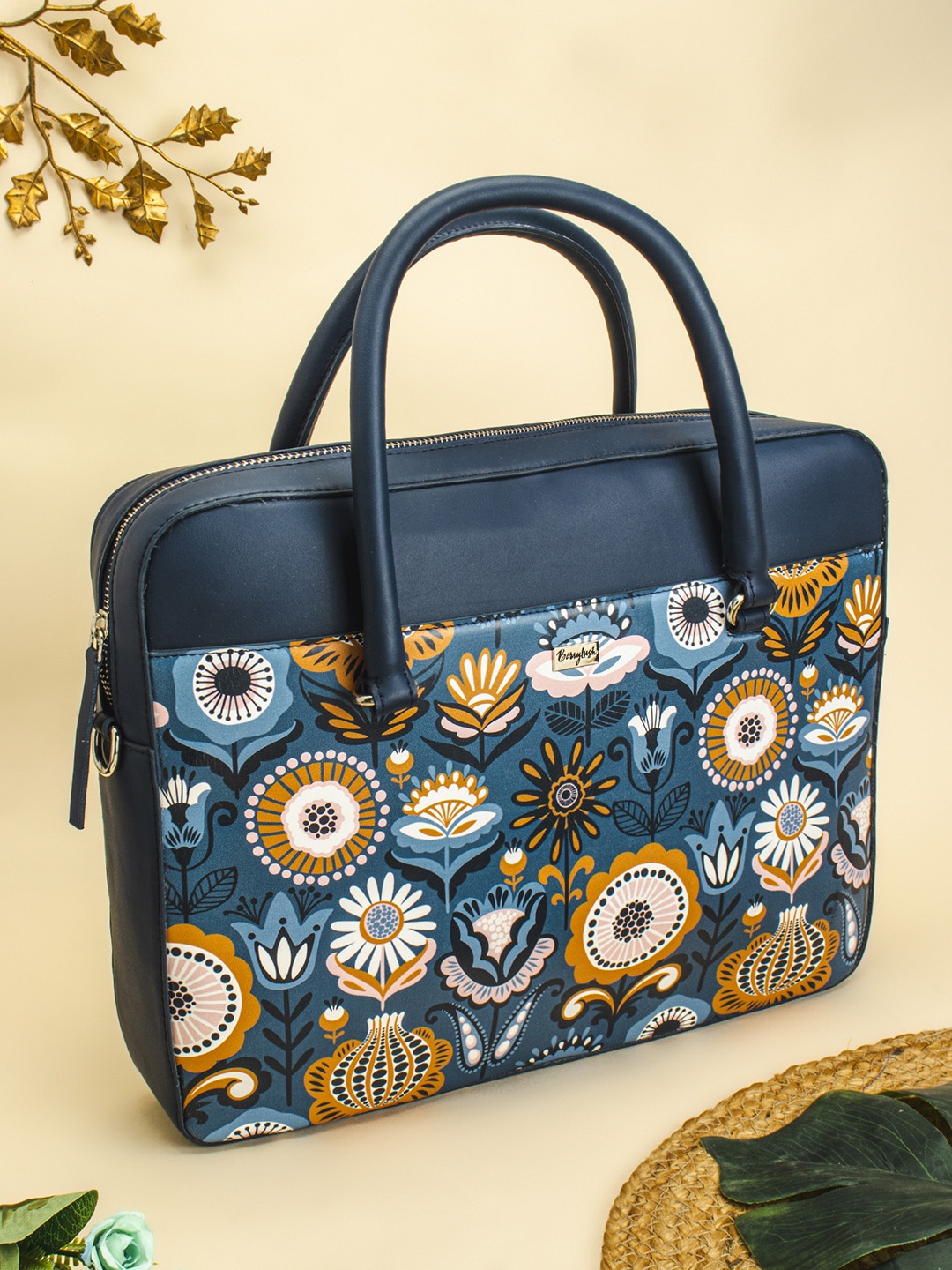 

Berrylush Printed PU Laptop Bag, Navy blue