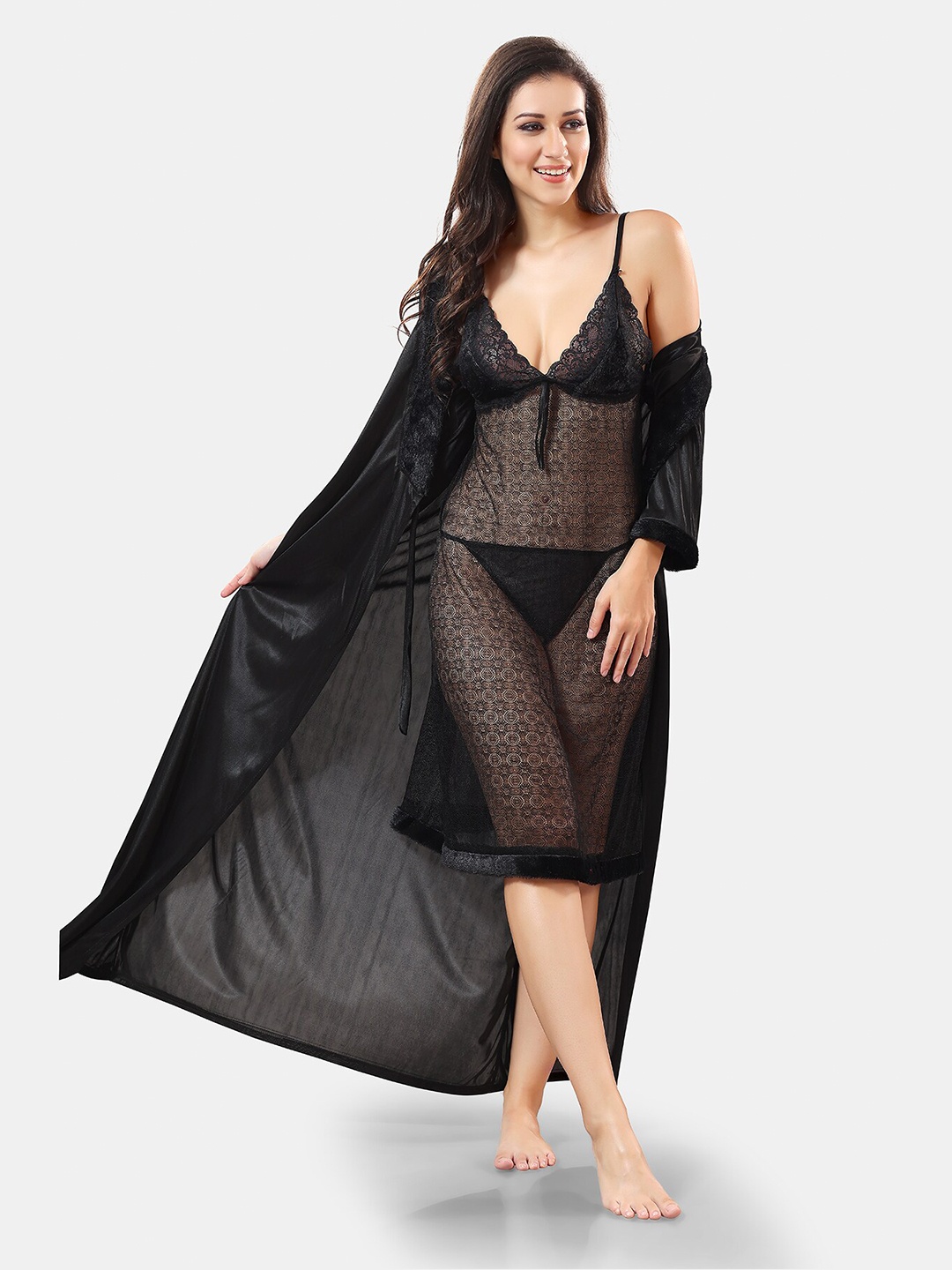 

Be You Self Design Nightdress With Robe, Black
