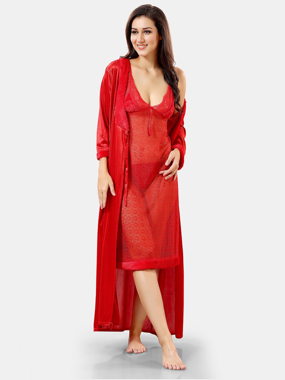 

Be You Self Design Nightdress With Robe, Red