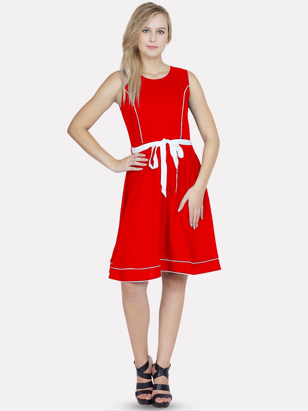 

PATRORNA Round Neck Pure Cotton A-Line Dress, Red