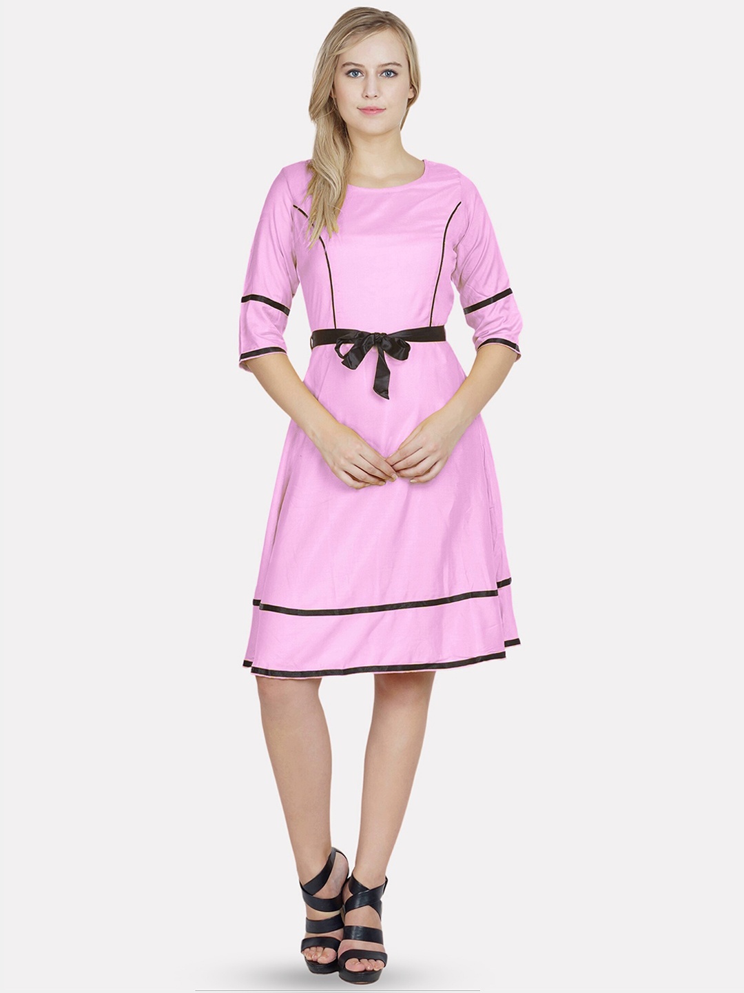 

PATRORNA Round Neck Regular Sleeves Cotton Casual Fit & Flare Dress, Pink