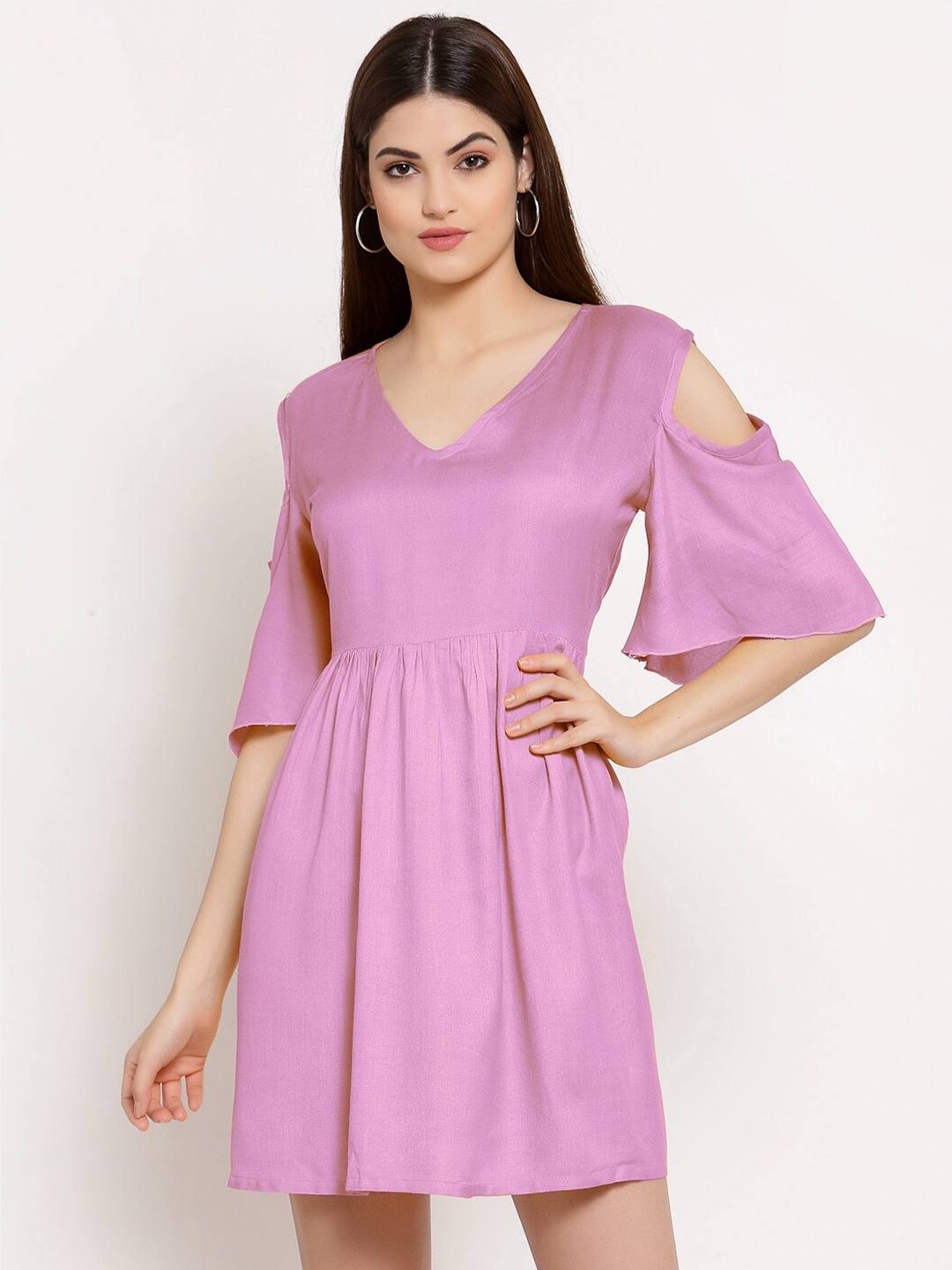 

PATRORNA V-Neck Cold-Shoulder Sleeves Cotton Fit & Flare Dress, Pink