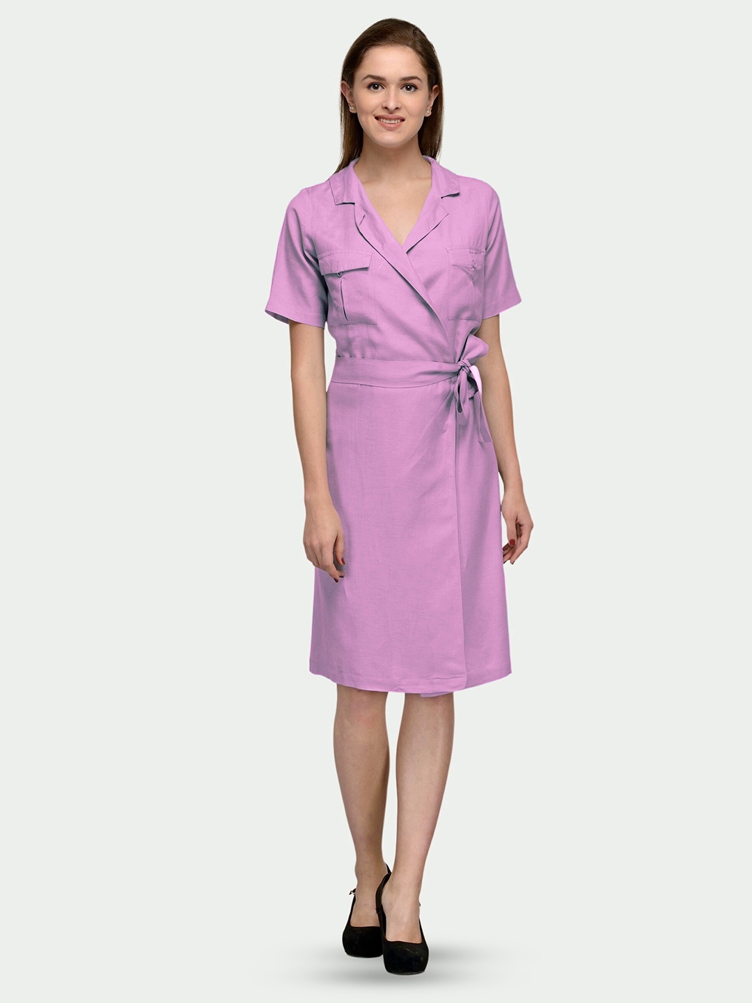 

PATRORNA Knee Length Cotton Wrap Dress, Pink