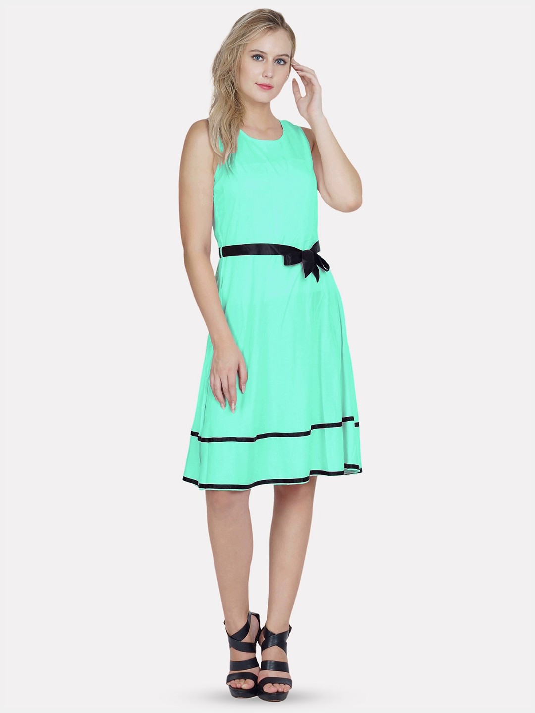 

PATRORNA Round Neck Sleeveless Cotton A-Line Dress, Teal