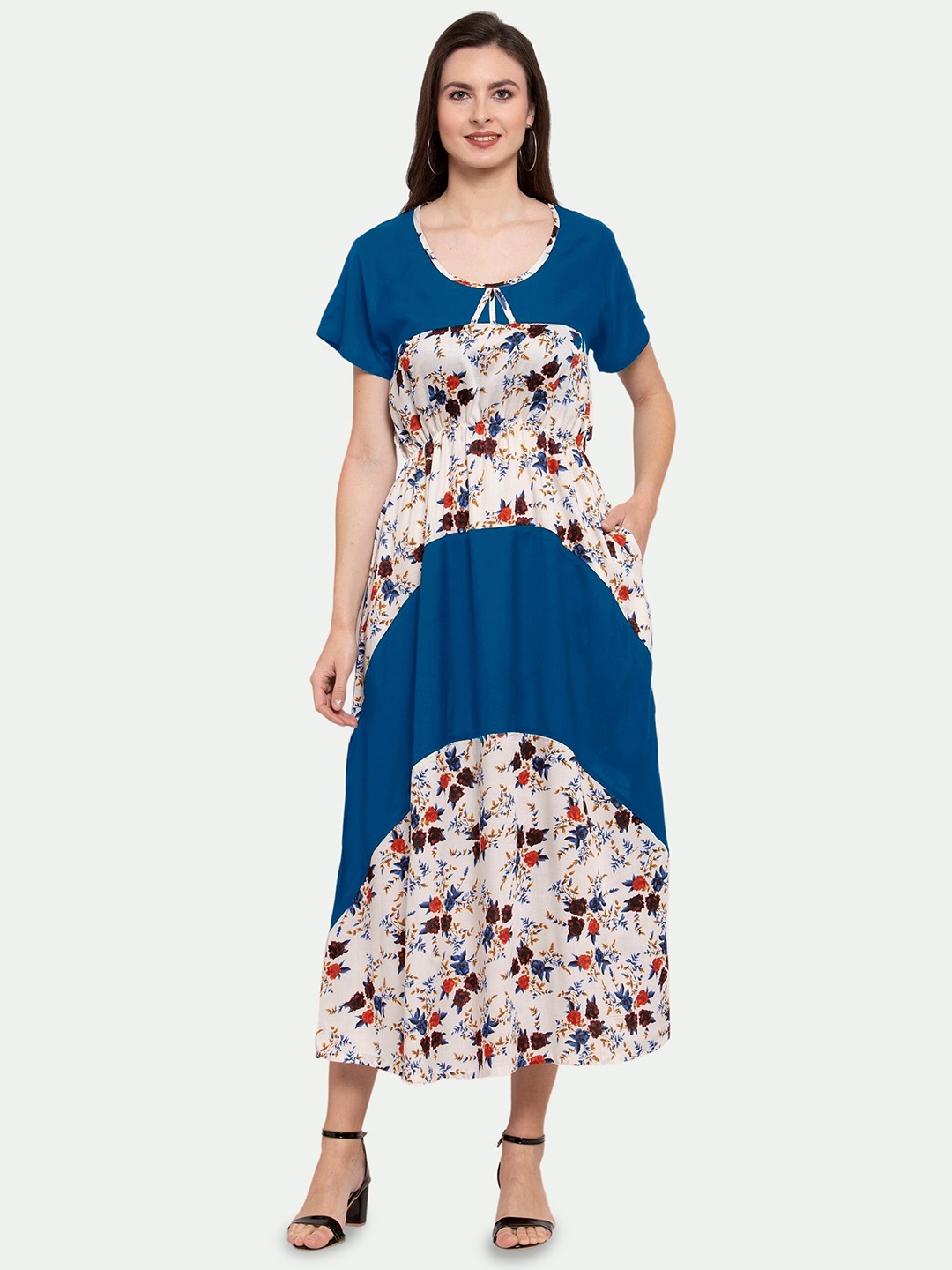 

PATRORNA Floral Printed Round Neck Gathered Fit & Flare Dress, Blue