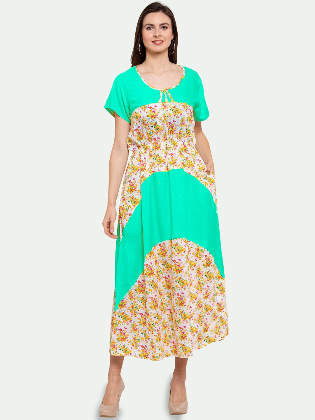 

PATRORNA Floral Printed Round Neck Pure Cotton A-Line Midi Dress, Teal