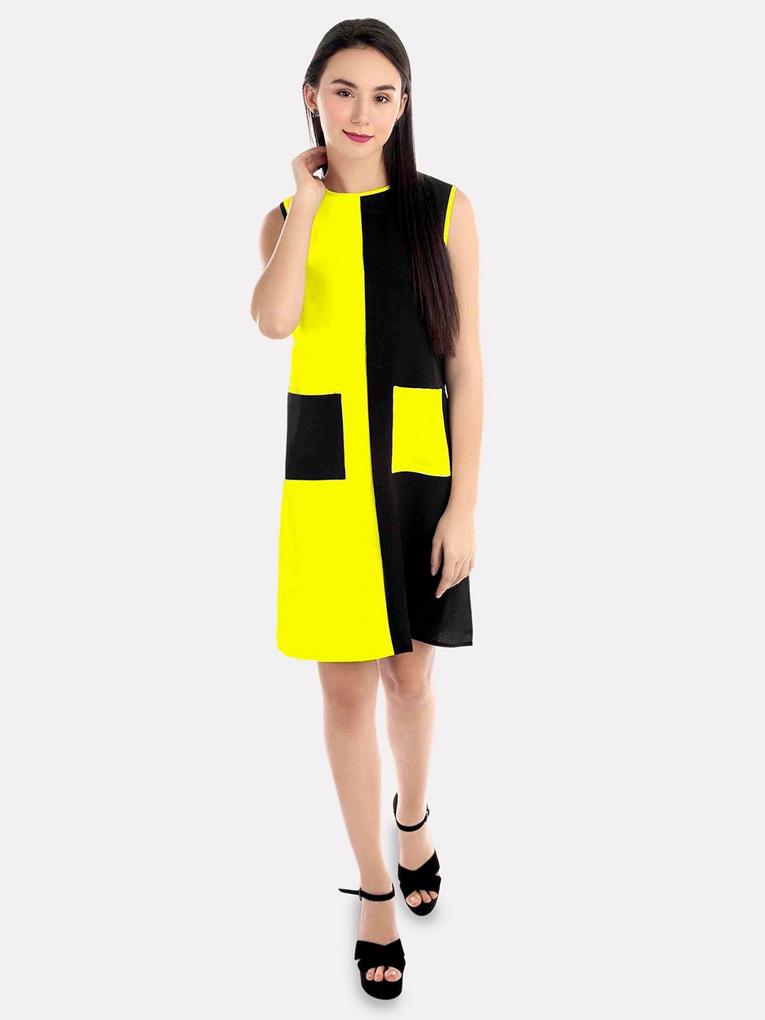 

PATRORNA Colourblocked Round Neck Sleeveless Cotton A-Line Dress, Yellow