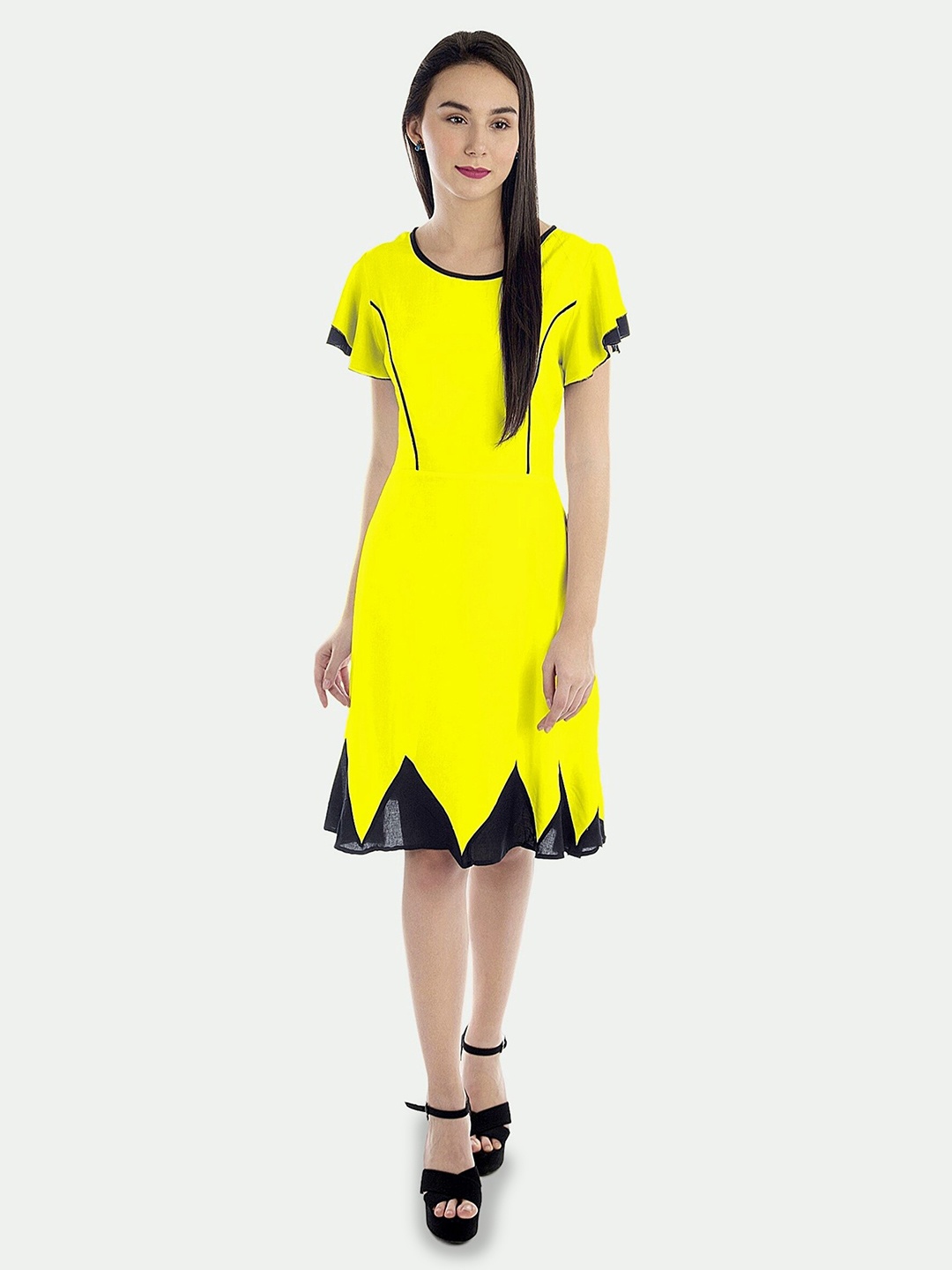 

PATRORNA Lace Inserted Round Neck Extended Sleeves Cotton Casual Fit & Flare Dress, Yellow