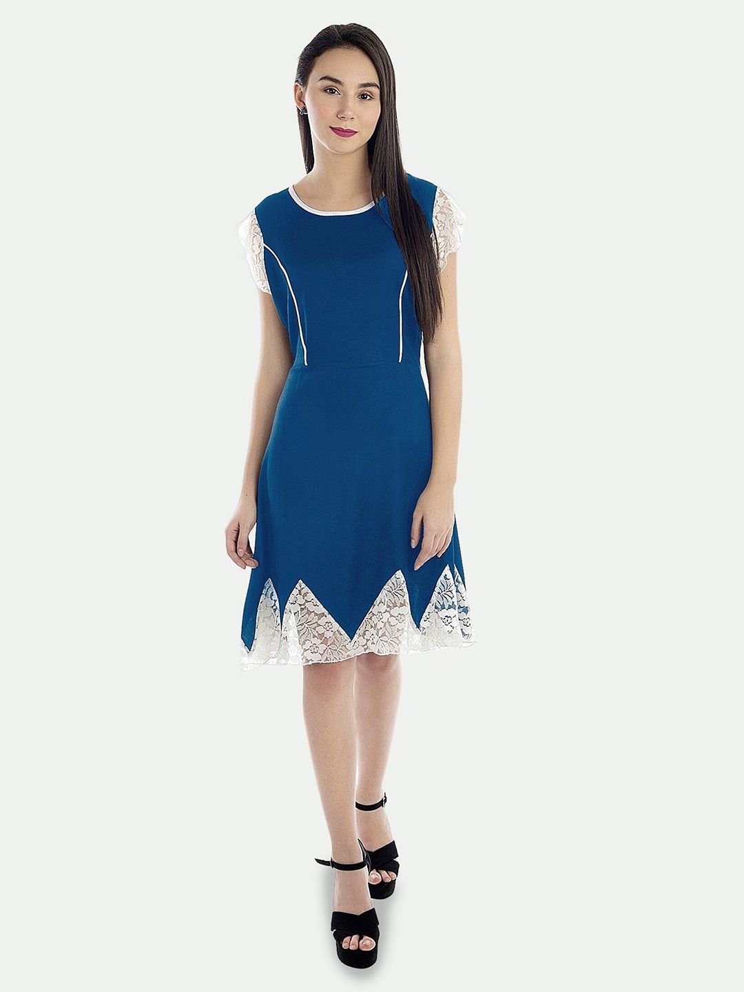 

PATRORNA Lace Inserted Round Neck Extended Sleeves Cotton Casual Fit & Flare Dress, Blue