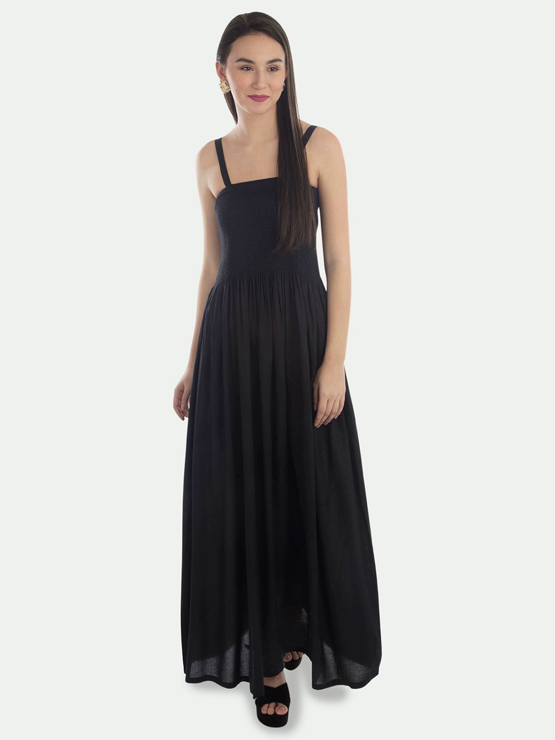 

PATRORNA Smocked Shoulder Strap Cotton Fit & Flare Dress, Black
