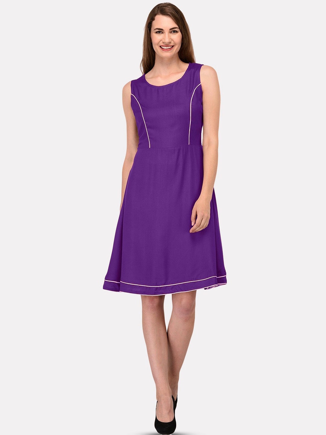 

PATRORNA Round Neck Sleeveless Cotton Fit & Flare Dress, Purple