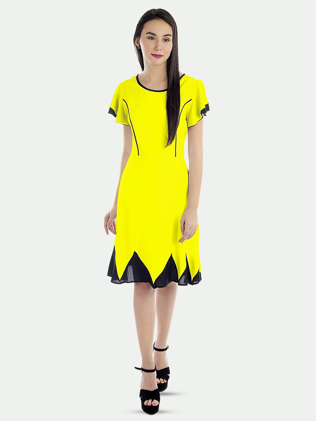 

PATRORNA Round Neck Flutter Sleeve Pure Cotton Fit & Flare Dress, Yellow