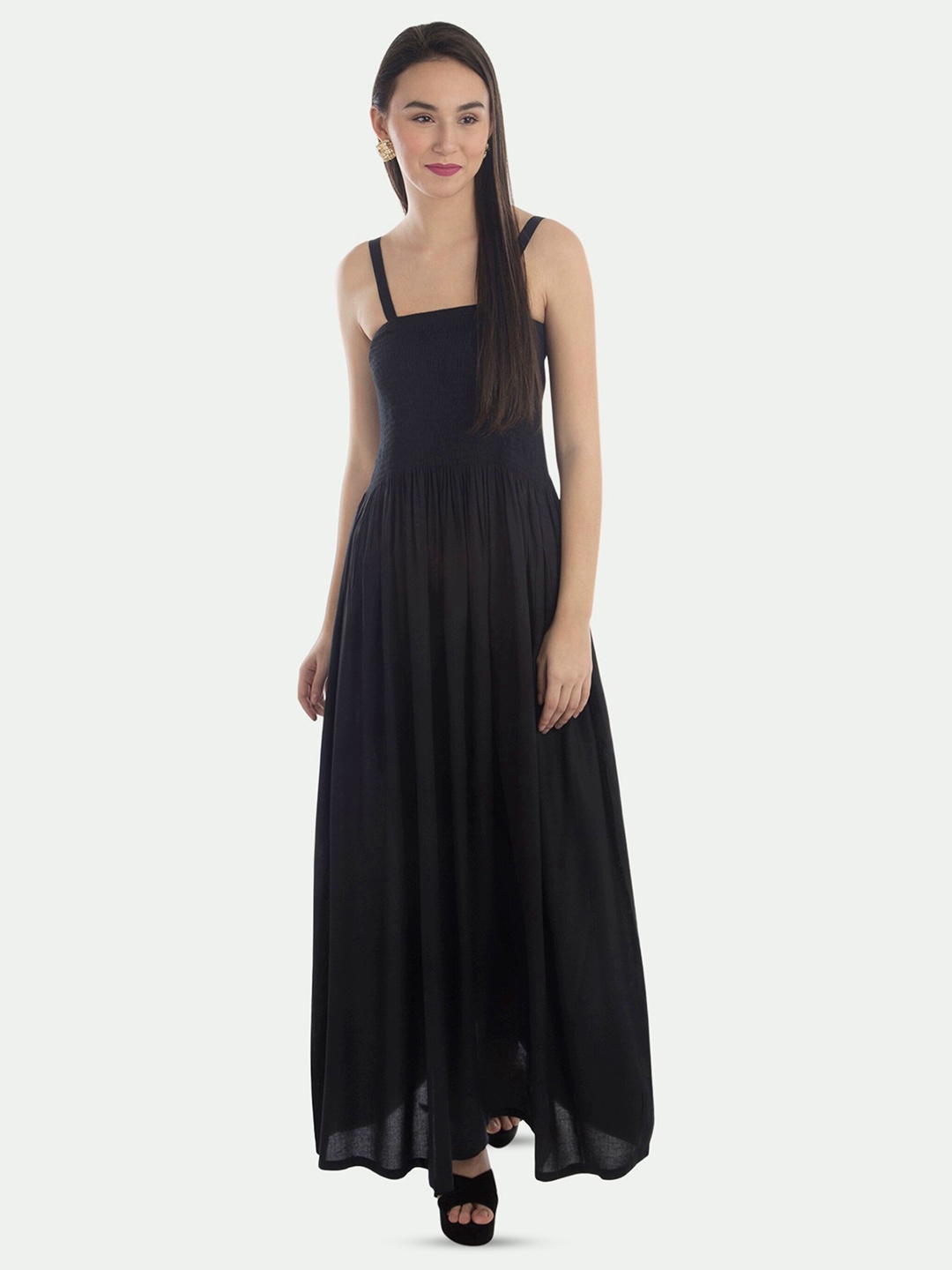 

PATRORNA Shoulder Straps Smocked Pure Cotton Fit & Flare Maxi Dress, Black