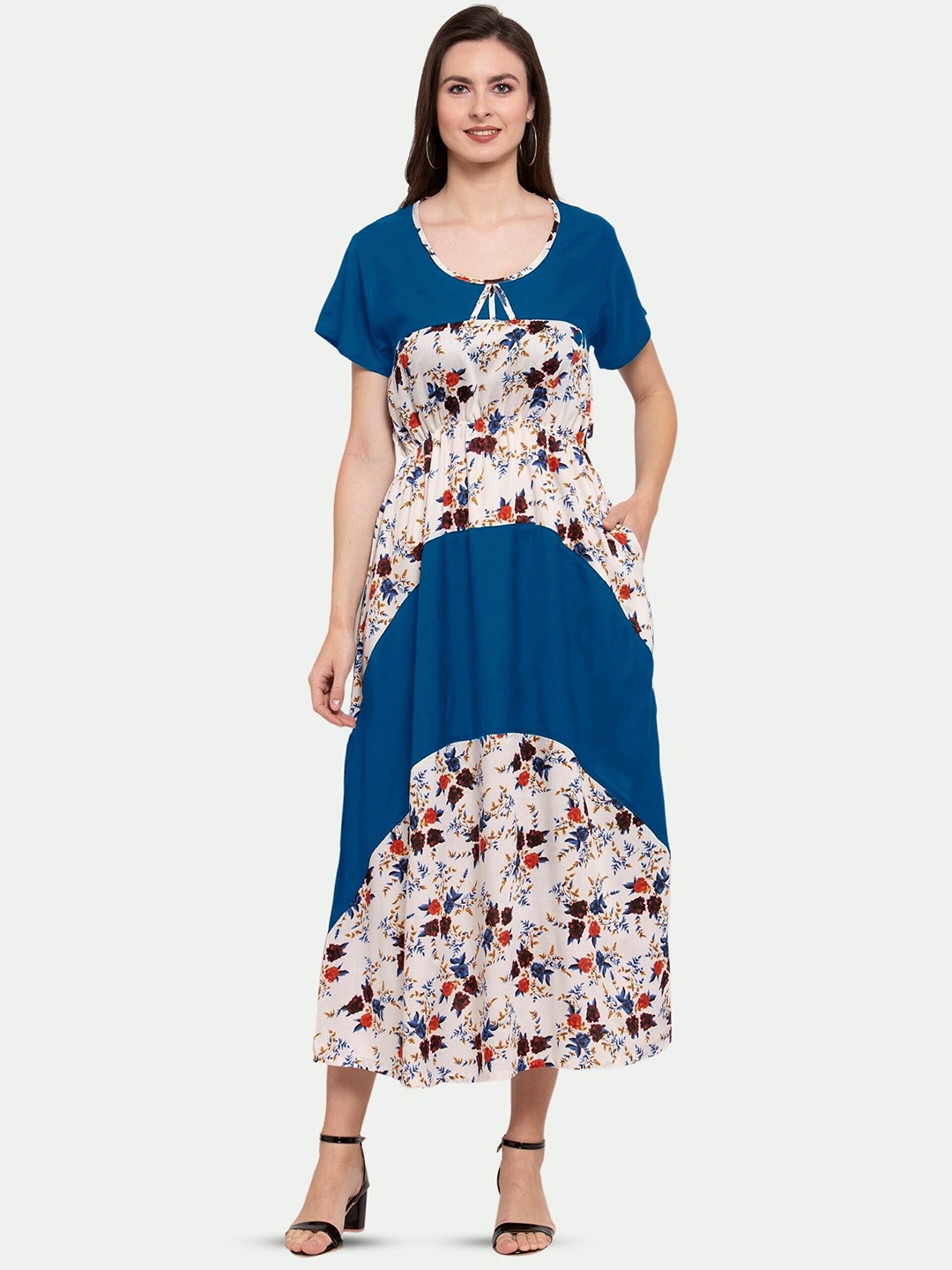 

PATRORNA Floral Printed Cotton A-Line Dress, Blue
