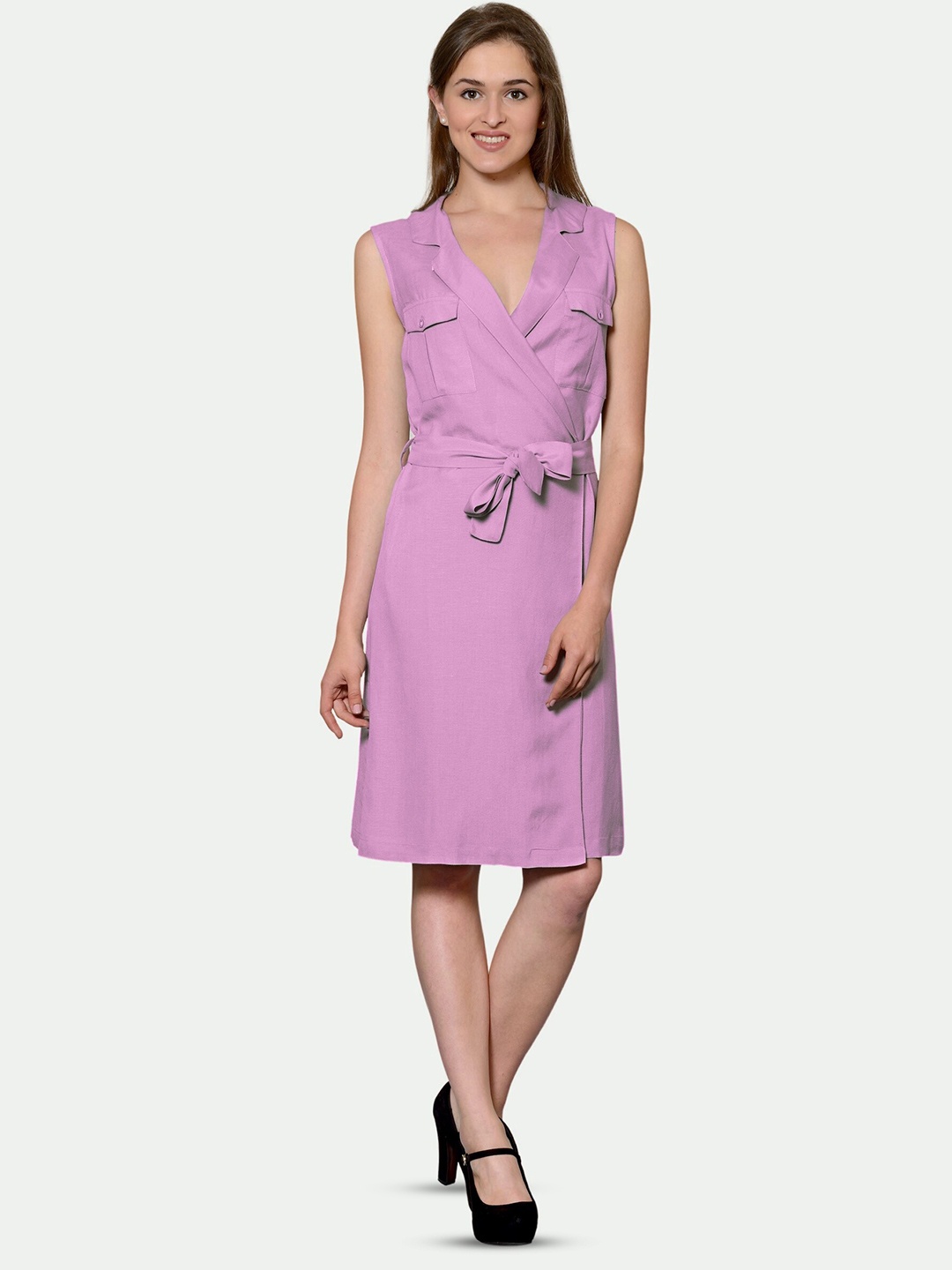

PATRORNA Knee Length Cotton Wrap Dress, Pink