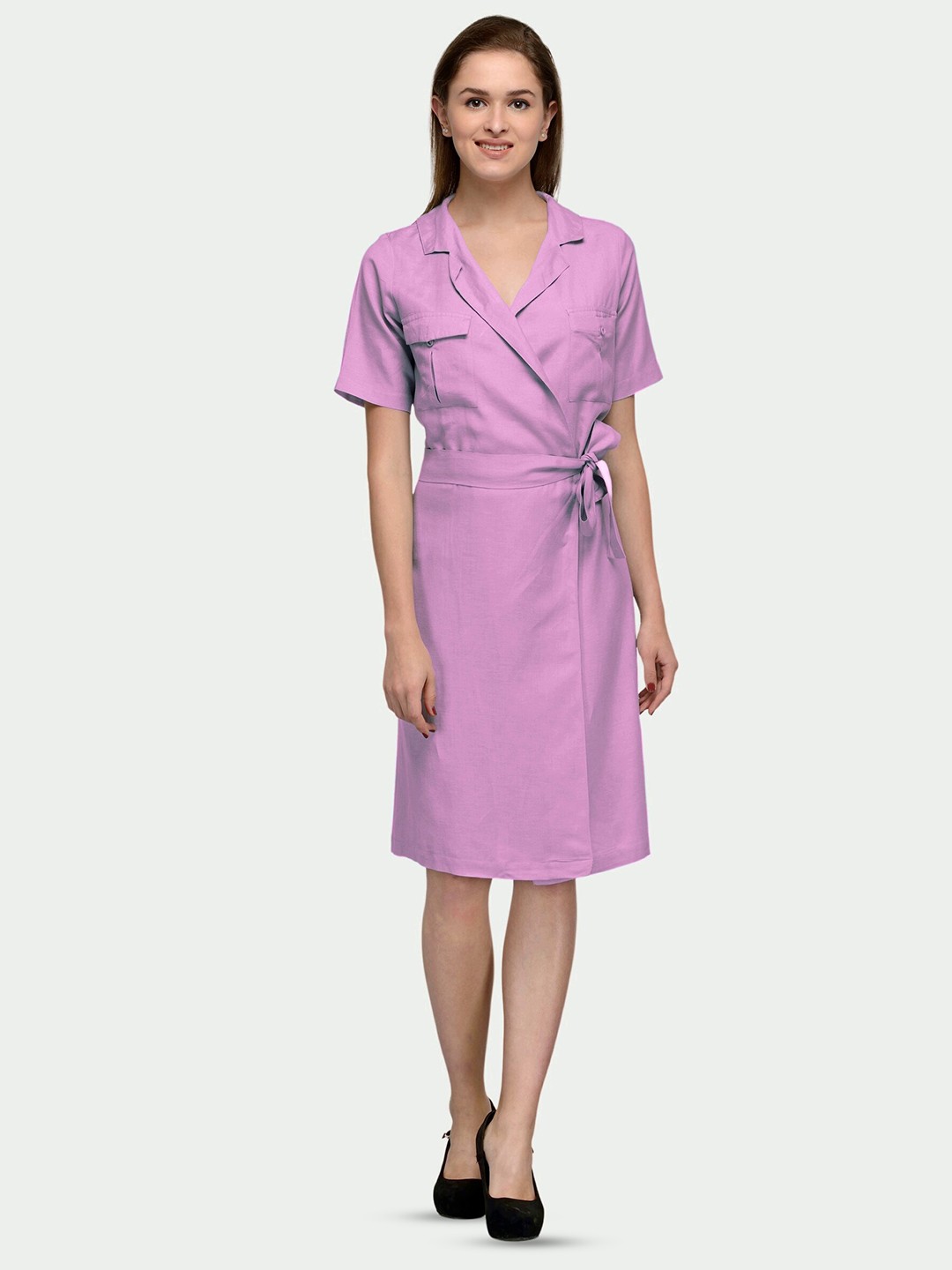 

PATRORNA Shirt Collar Regular Sleeves Cotton Casual Wrap Dress, Pink