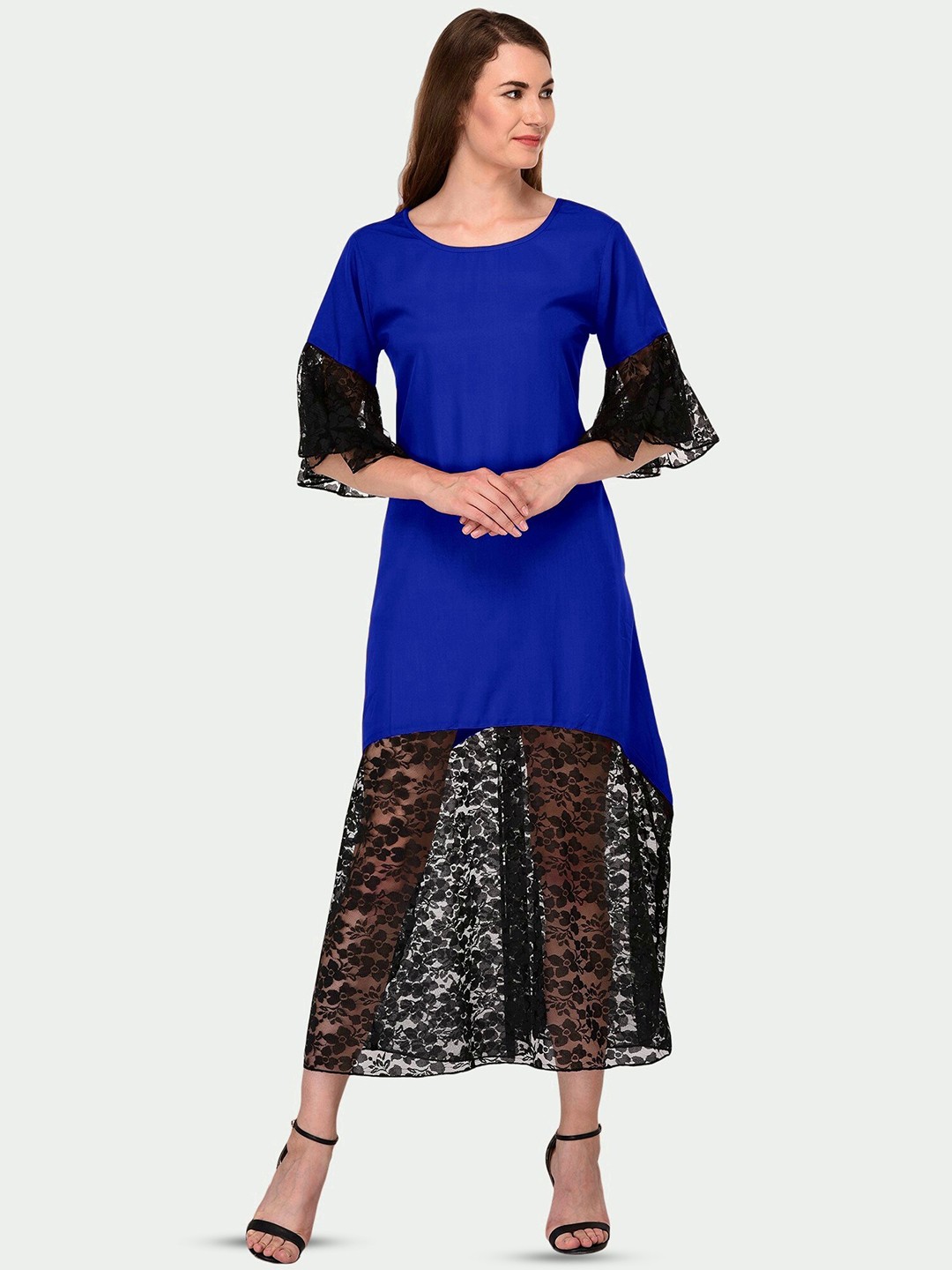 

PATRORNA Lace Insert A-Line Cotton Maxi Dress, Blue