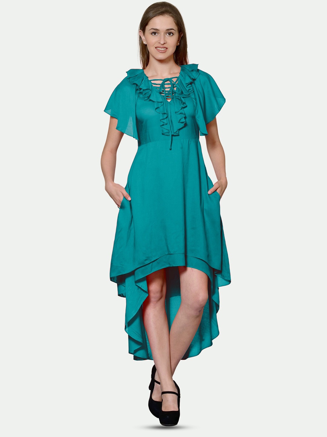 

PATRORNA Tie-Up Neck Flutter Sleeve Cotton Fit & Flare Dress, Green