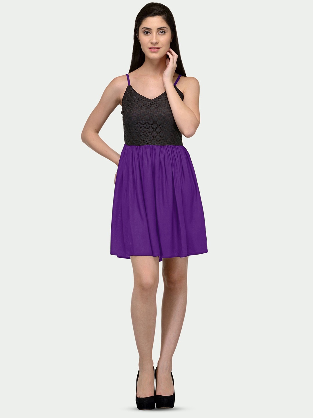 

PATRORNA Shoulder Straps Cotton Fit & Flare Dress, Black
