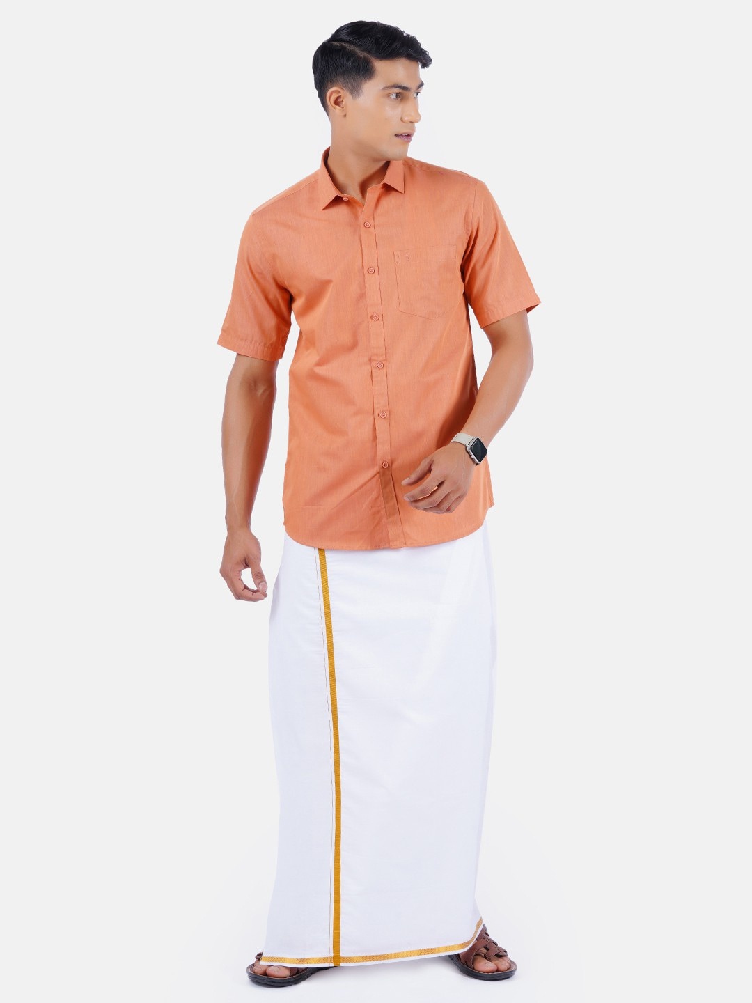 

Ramraj Pure Cotton Shirt With Veshti, Orange