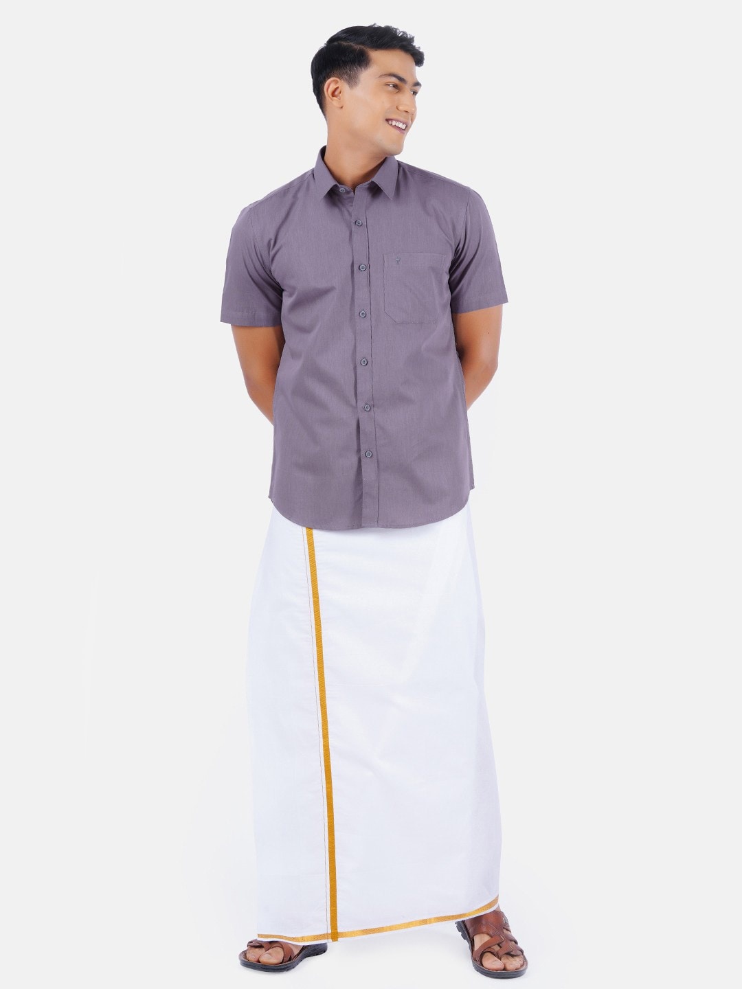 

Ramraj Spread Collar Pure Cotton Shirt With Dhoti, Grey
