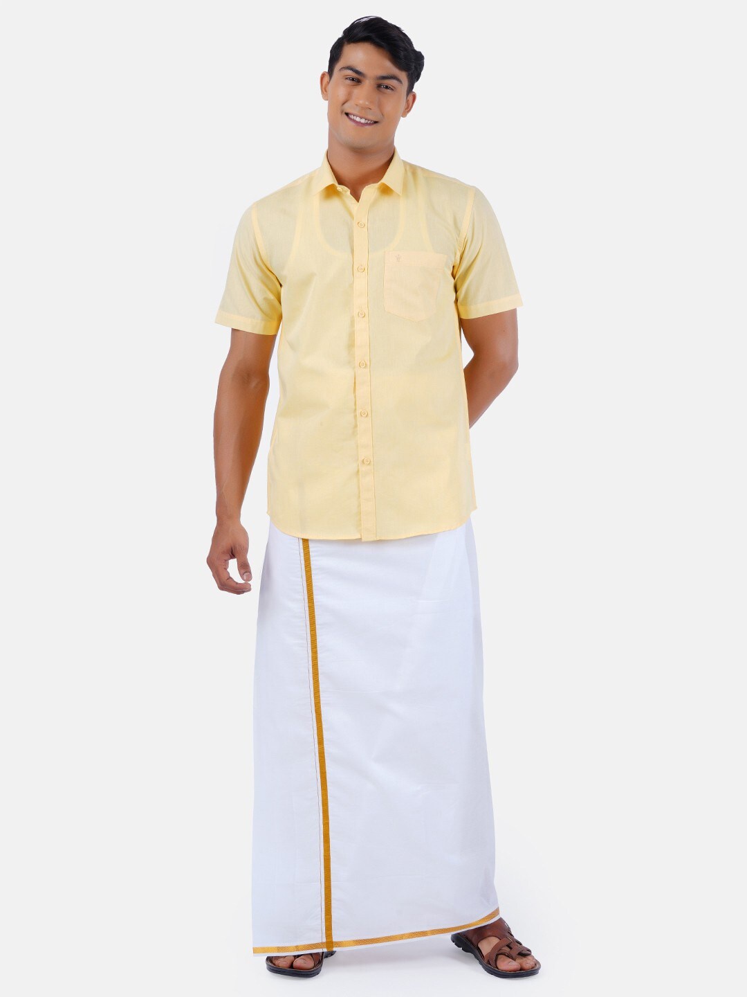 

Ramraj Spread Collar Pure Cotton Shirt With Dhoti, Yellow