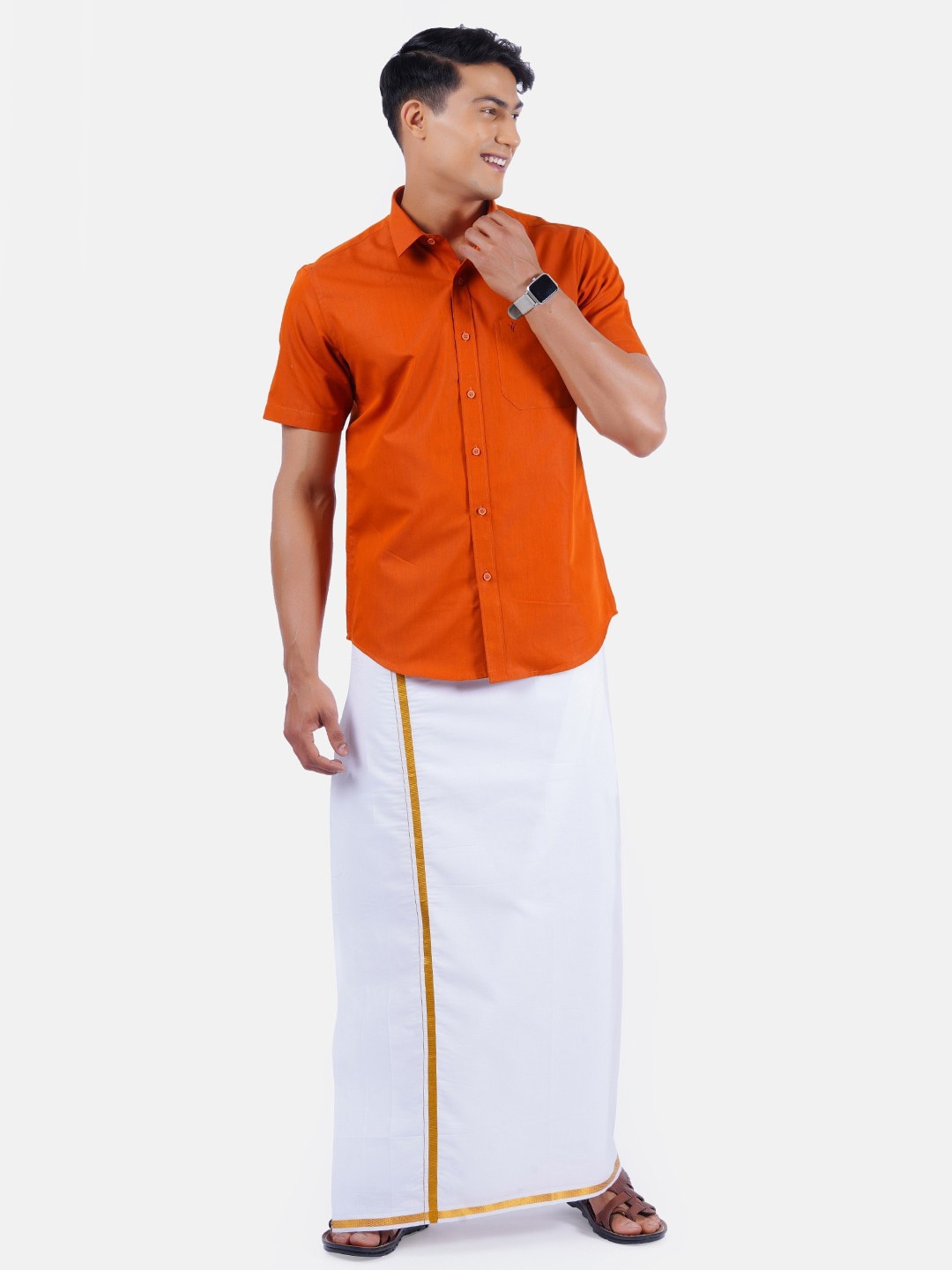 

Ramraj Spread Collar Pure Cotton Shirt With Dhoti, Orange