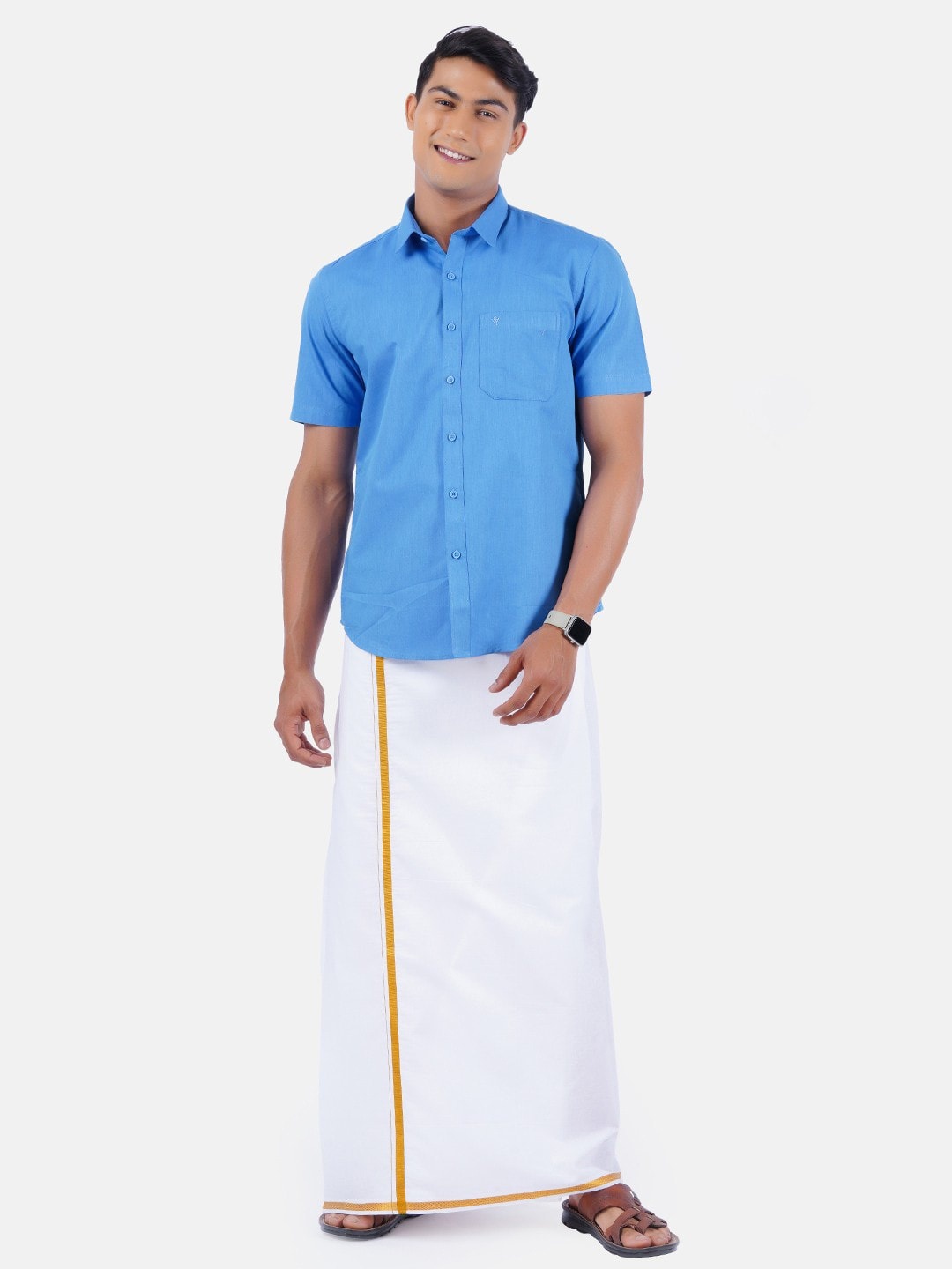 

Ramraj Spread Collar Pure Cotton Shirt With Dhoti, Blue