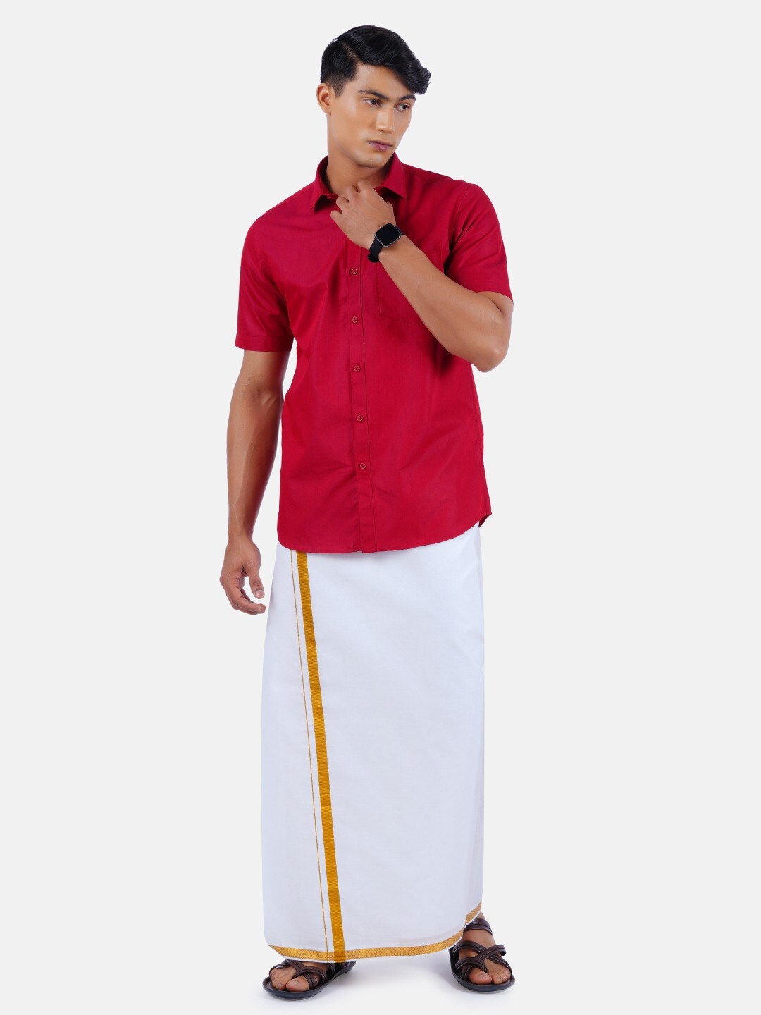 

Ramraj Spread Collar Pure Cotton Shirt With Dhoti, Red